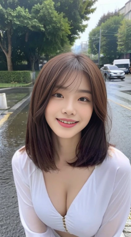 ((bestquality, 10, masterpiece: 1.3)), Focus: 1.2, perfect body beauty: 1.4, Buttocks: 1.2, ((Layered Haircut, breasts: 1.2)), (wet clothes: 1.1) , (It's raining, road:1.3), dress: 1.1, Highly detailed face and skin texture, Fine Eyes, 二重まぶた, Whitening Skin, long-haired, (Shut Up: 1.3), smile