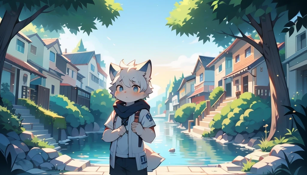author：Jerisk, author：Kirito, schoolboy，furry wolf，((shota)), Blue and white hair, has a good figure, Handsome，Cute big breasts, optics：hazy light and shadow, Reflective skin,blushed skin，((worn-out clothing，Commoner)) ，((Seafront，standing on the rock，islands，独奏，the only person))，Outdoor sunset，((the detail))，（depth of fields），Stood up