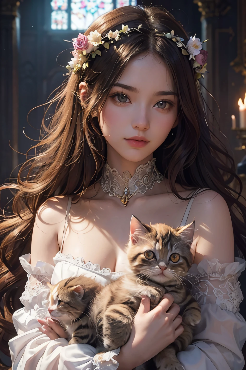 enormous Renaissance bouquet of cutest fluffy kittens, cute girl, flowing, intricate, elegant, highly detailed, wonderful quality, dramatic light, sharp focus, beautiful composition, joyful, mystical, iconic, fine, deep colors, amazing color, winning, perfect, epic, cinematic, symmetry, clear, artistic, thought, complex, brilliant, best, awesome, colossal