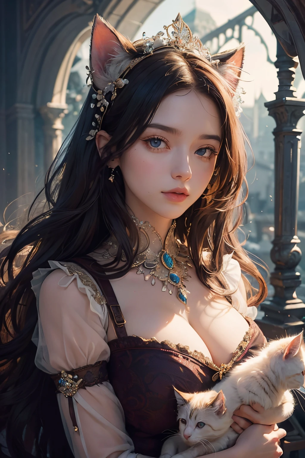 enormous Renaissance bouquet of cutest fluffy kittens, cute girl, flowing, intricate, elegant, highly detailed, wonderful quality, dramatic light, sharp focus, beautiful composition, joyful, mystical, iconic, fine, deep colors, amazing color, winning, perfect, epic, cinematic, symmetry, clear, artistic, thought, complex, brilliant, best, awesome, colossal
