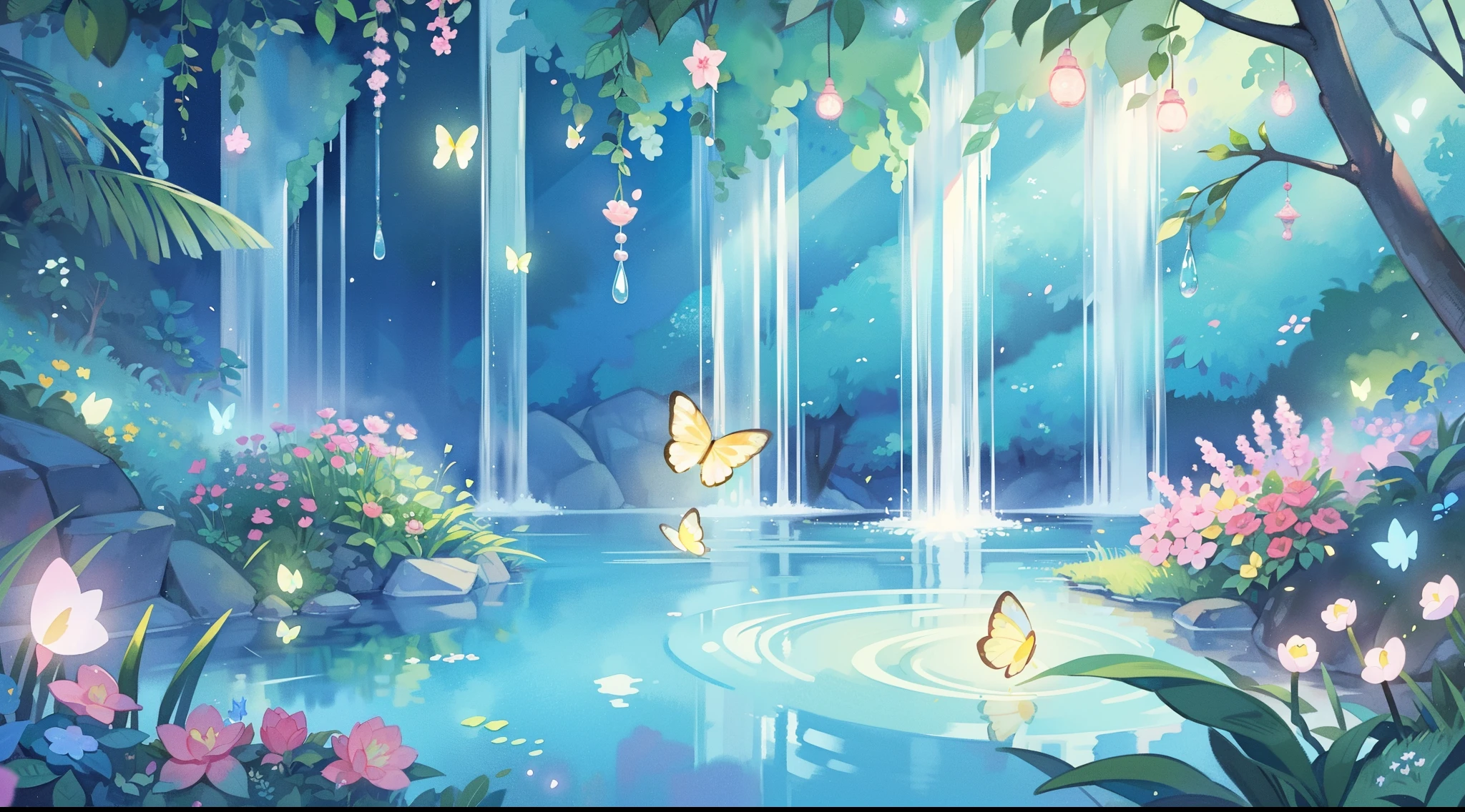 picture book illustration, watercolor storybook illustration, vibrant pastel colors, dreamy, colorful, whimsical, magical, masterpiece, best quality, sharp focus, intricately detailed environment, fine detail, 8k resolution, waterfall lagoon, (magical lagoon), (waterfall, lake), (glowing lights, fireflies, glowing butterflies