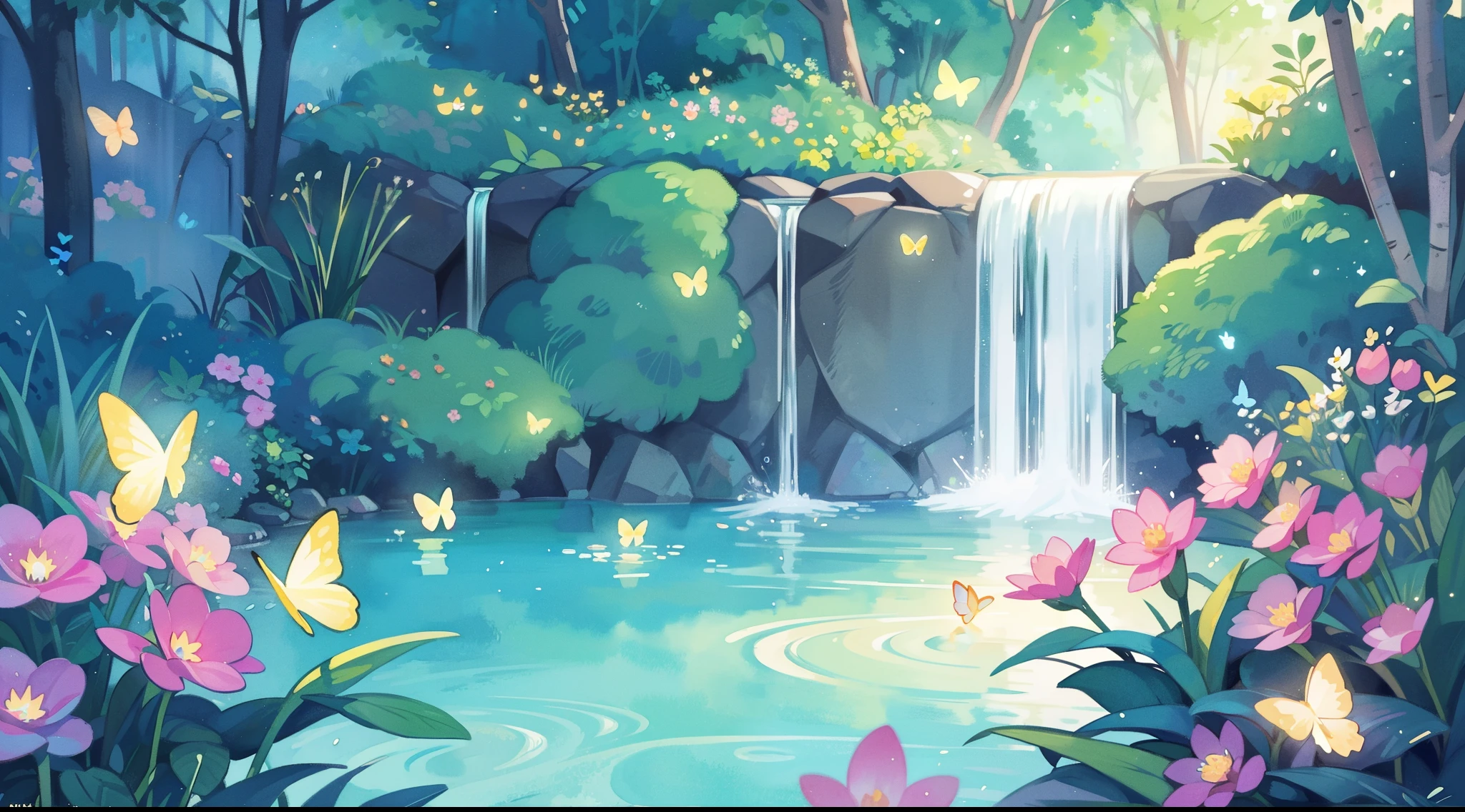 picture book illustration, watercolor storybook illustration, vibrant pastel colors, dreamy, colorful, whimsical, magical, masterpiece, best quality, sharp focus, intricately detailed environment, fine detail, 8k resolution, waterfall lagoon, (magical lagoon), (waterfall, lake), (glowing lights, fireflies, glowing butterflies
