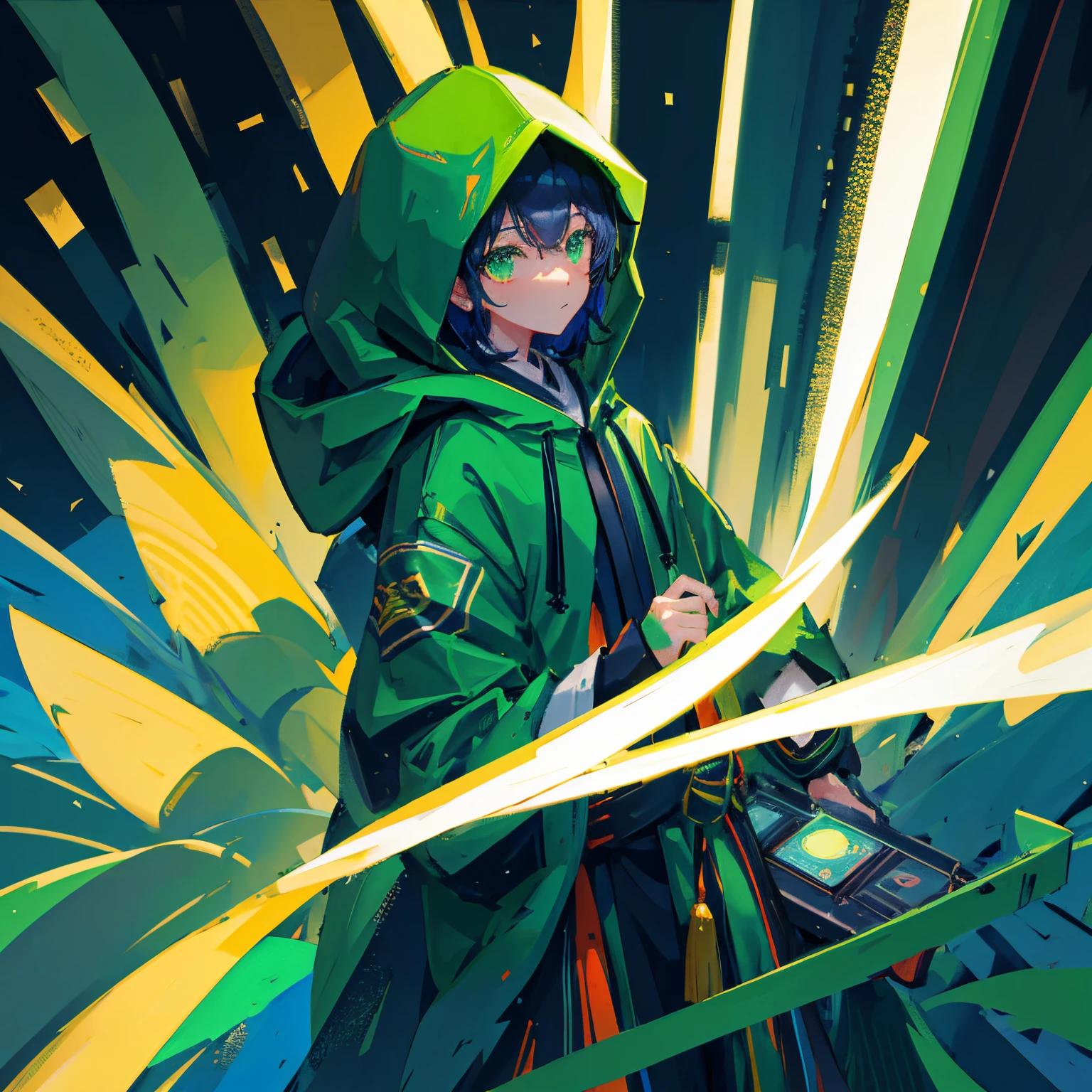 A boy wearing a dark green hooded kimono、The background is detailed cyberspace、holding the mic、hood is deep、