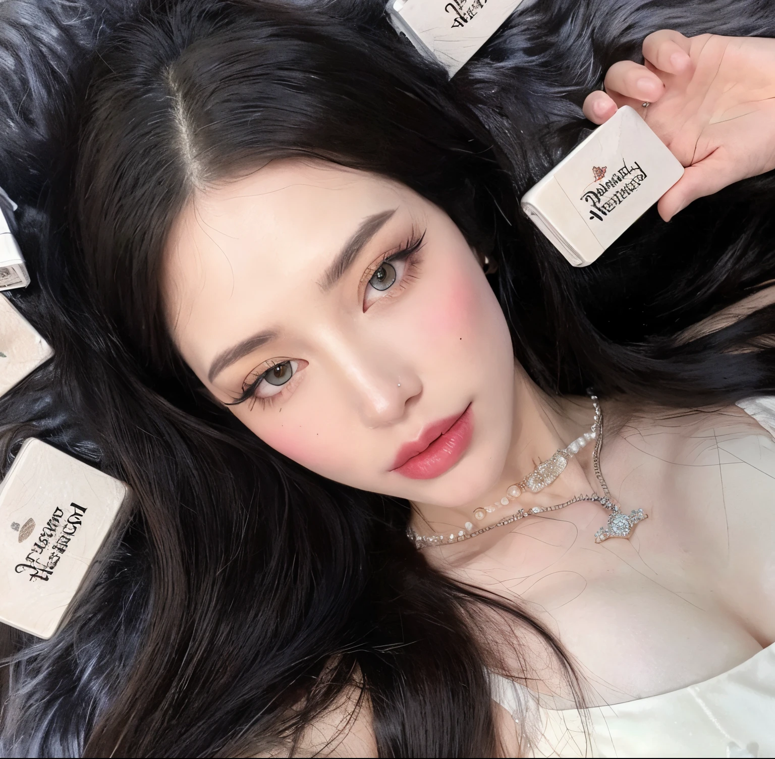 tem uma mulher deitada em um tapete de pele com muitas etiquetas, pale porcelain white skin, maquiagem sul-coreana popular, pale snow white skin, maquiagem coreana popular, dilraba dilmurat, pale milky white porcelain skin, porcelain pale skin, porcelana pele branca, ava max, linda Delphine, clear lips and high quality, maquiagem, Ulzzang