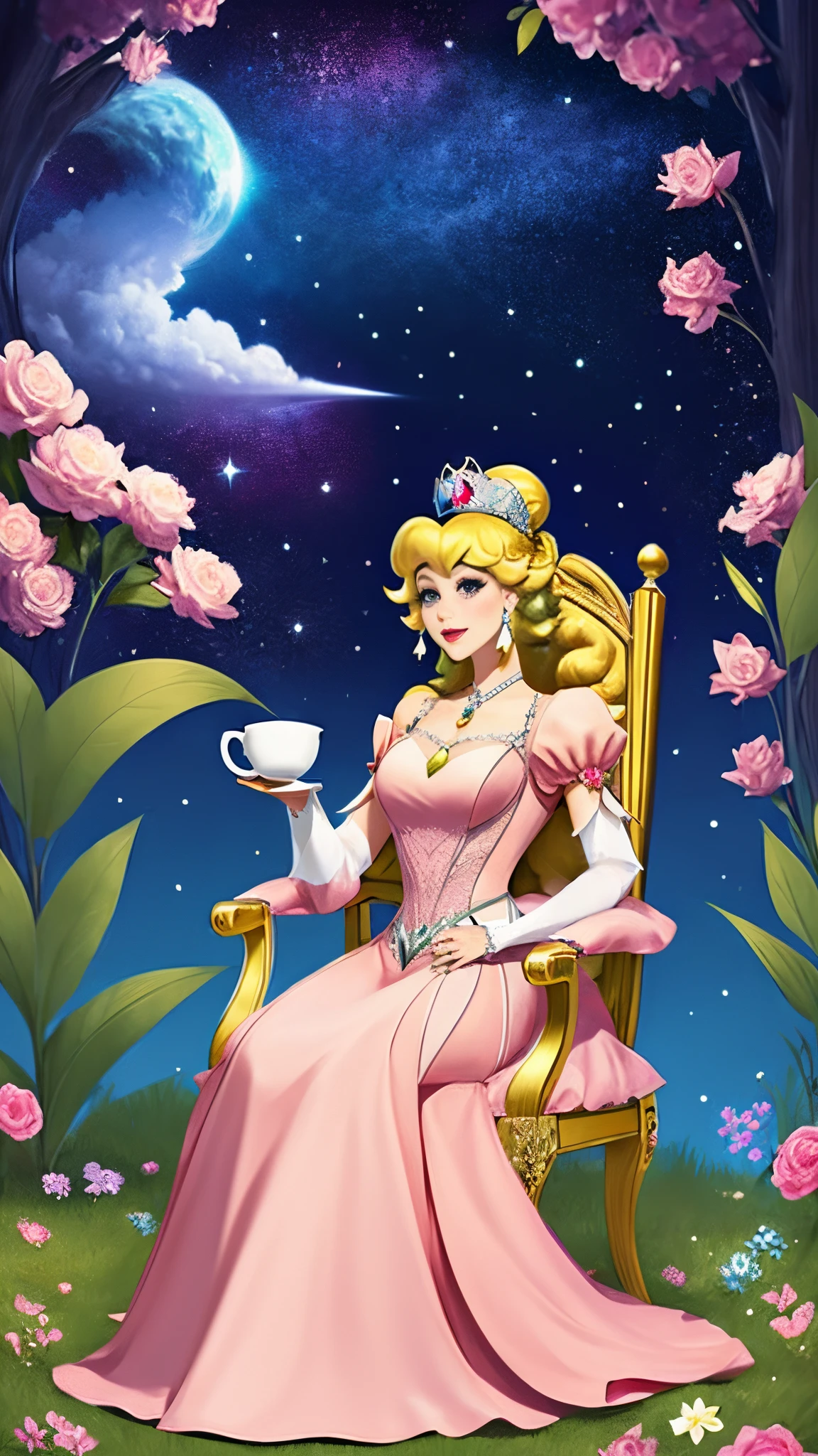 Princess Peach sitting on a throne while drinking tea in her beautiful pink dress with diamonds
