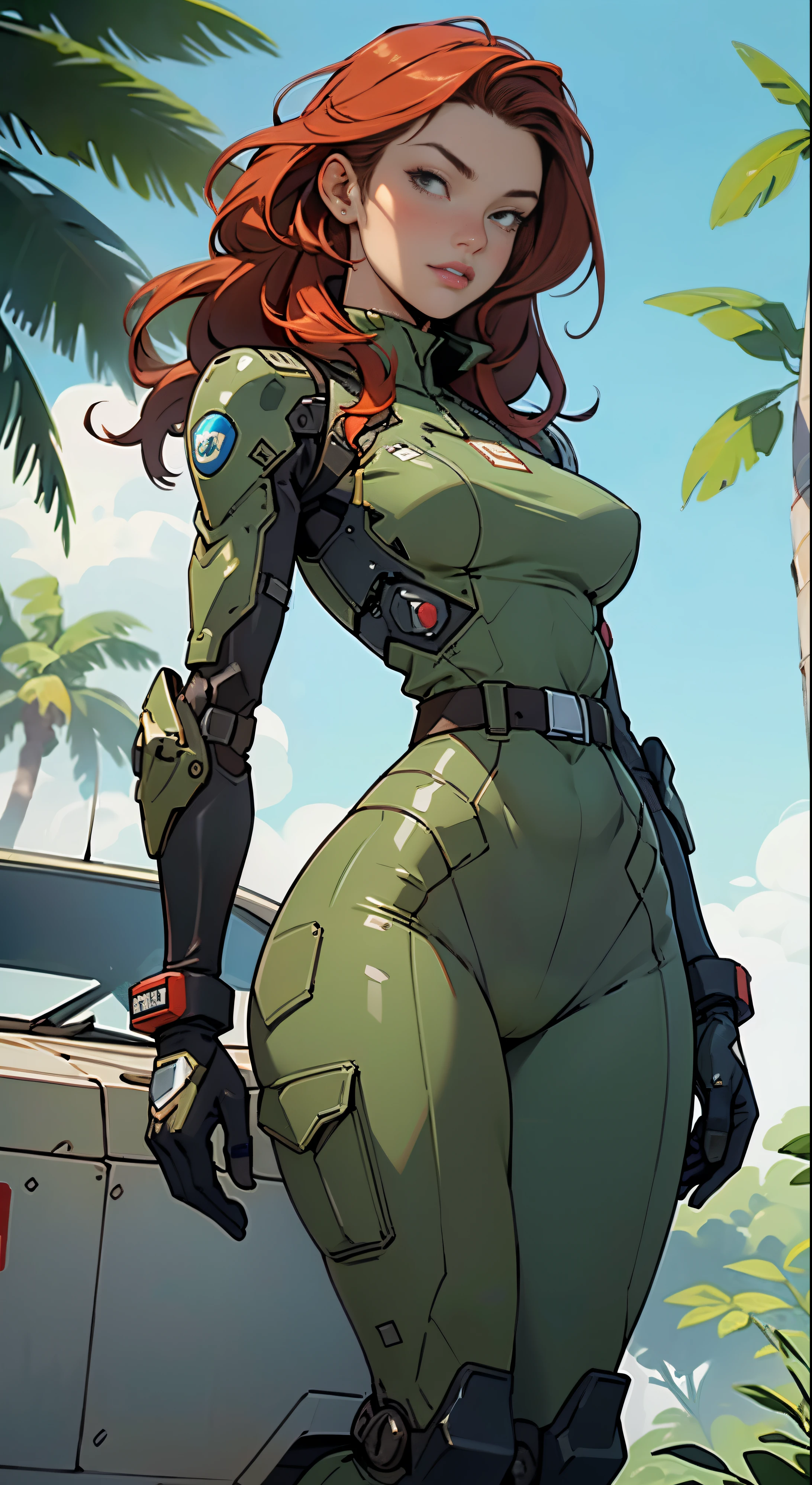 1woman 20 years old, high res, crisp lines, sculpted, military, wearing a soldier helmet, beautiful, perfect body, realistic, red hair, perfect body, thin waist, full outfit, wide hips, large breasts, slim thighs, jungle background, armored vehicle, flying fighters, military robot dog, camouflaged uniform, wealth of details, tight panties marking on the front, head to toe, highly detailed, high resolution, perfect hands,