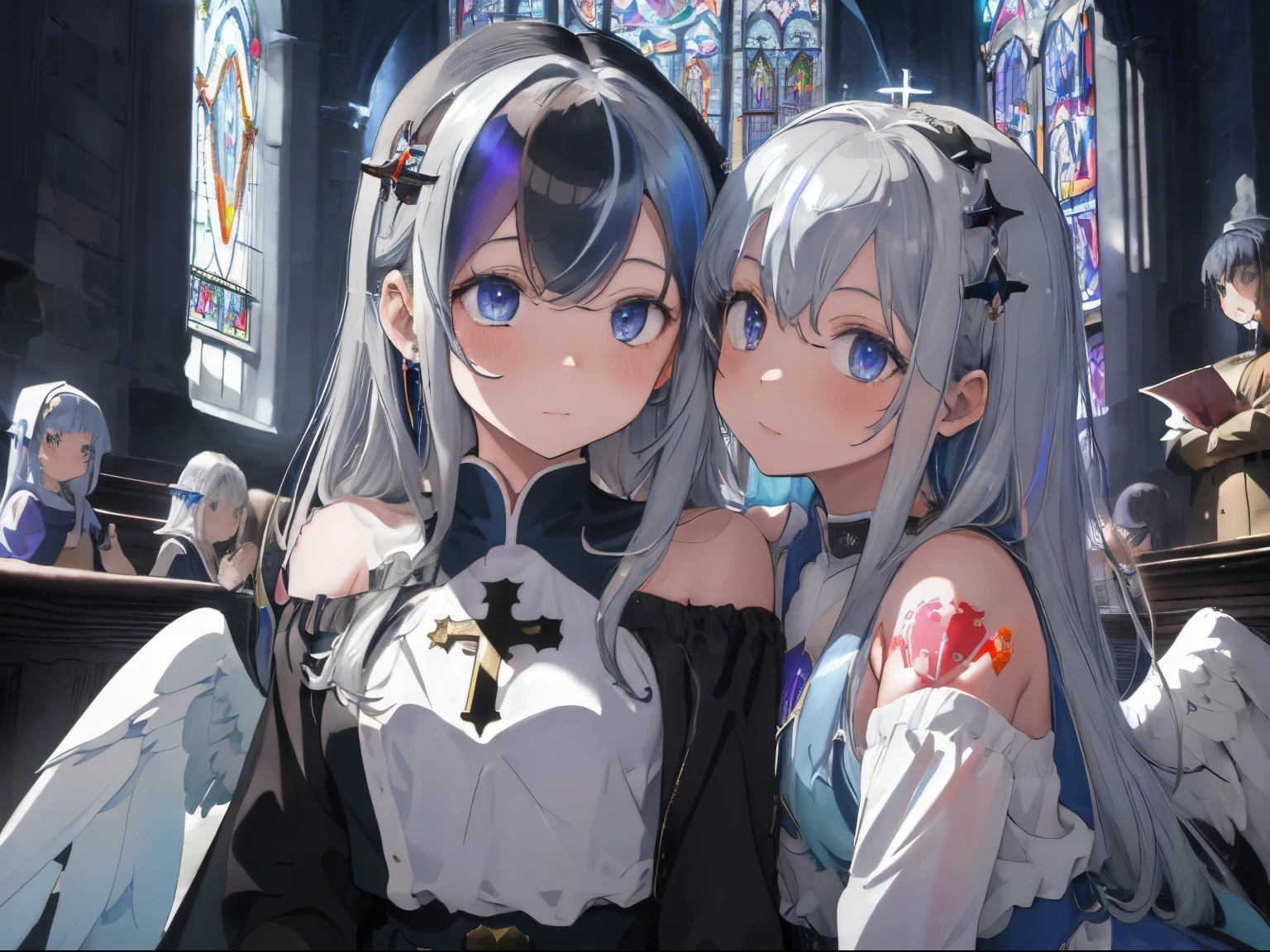 western church chapel,Lots of colorful stained glass,Light shines through stained glass, Creates a fantastic atmosphere inside the chapel.,2 girls ,fluffy hair,Gorgeous black and white two-tone hair,Gorgeous silver and blue two-tone hair,Iridescent light,Monk&#39;Uniform that shows shoulders,abbey,priest's clothes,Colorful tattoo of large cross and Virgin Mary statue on visible shoulder and chest,Slightly red tide,Angel Ladder,Hypnotized,Blurred eyes,Surrounded by multiple men,