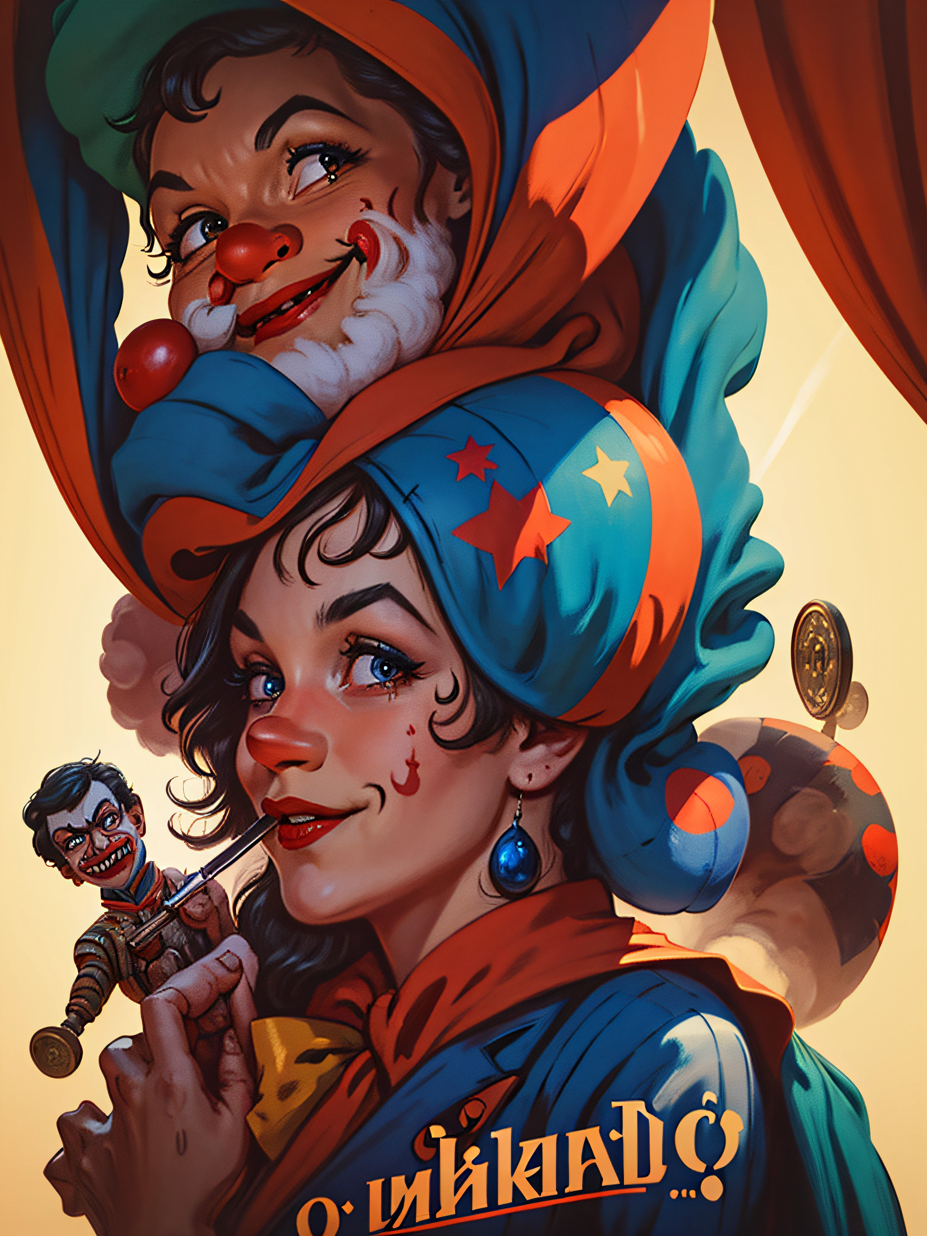 official art, unity 8k wallpaper, ultra detailed, aesthetically pleasing, High quality, masterpiece, best quality, a close up of a person holding a gun with a clown hat on, murderous carnival freak, capitalist clown, gangster, jester, clown, he has a pistol, of a gang of circus clowns, inspired by Earle Bergey, stylized digital illustration, mobster, smoking and holding a gun, background artwork, portrait death clown