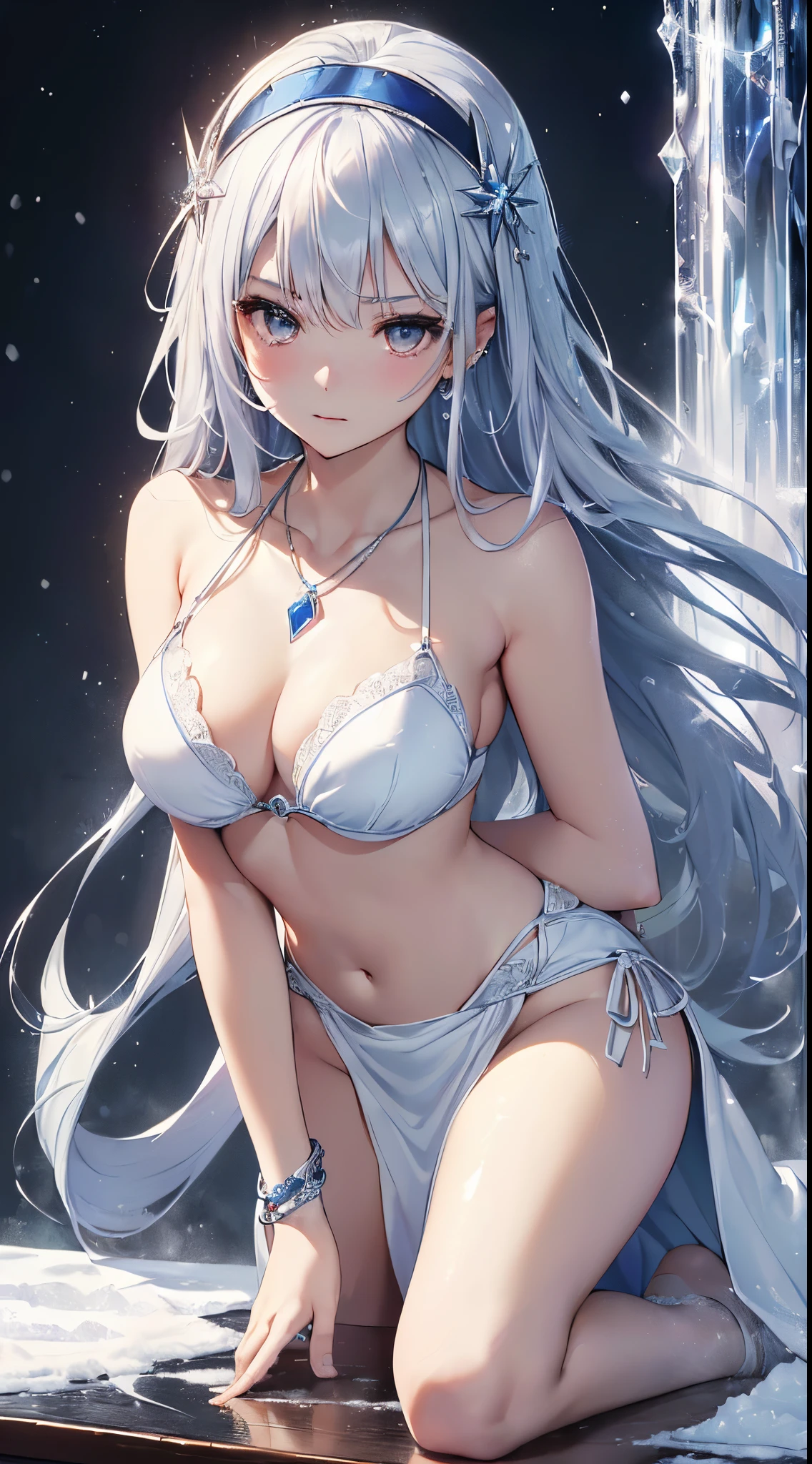 top-quality、Top image quality、masterpiece、Girl vs((18 years old、best bust、medium chest circumference、Bust 85,Beautiful silver eyes、Breasts wide open,silver half long hair、A slender one、Great Valley、Reflecting the whole body、A white bikini、white japanese clothes、Short white dress、necklace on wrist、With ice sword、Ice magic array、serius face、Sapphire hair accessories、up-close、Leaning forward))、high high quality、beautiful art、Background with((ice city、Elsville、serac、Snow blowing、Oyuki、Snow World))、On the table、visual art、depth of fields、sight frozen