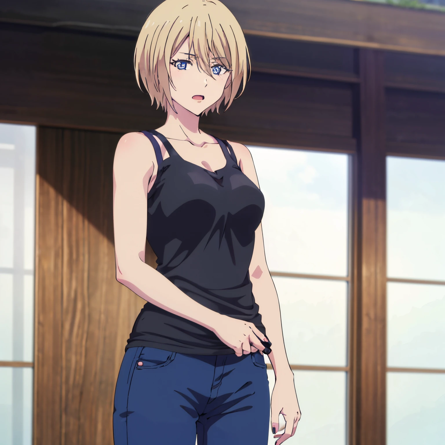 , akane hououji, 1girl, alone, looking at viewer, short hair, open mouth, blue eyes, blonde hair, short hair, holding, hair between eyes, collarbone, blue pants, tank top, tight black shirt, pink nails