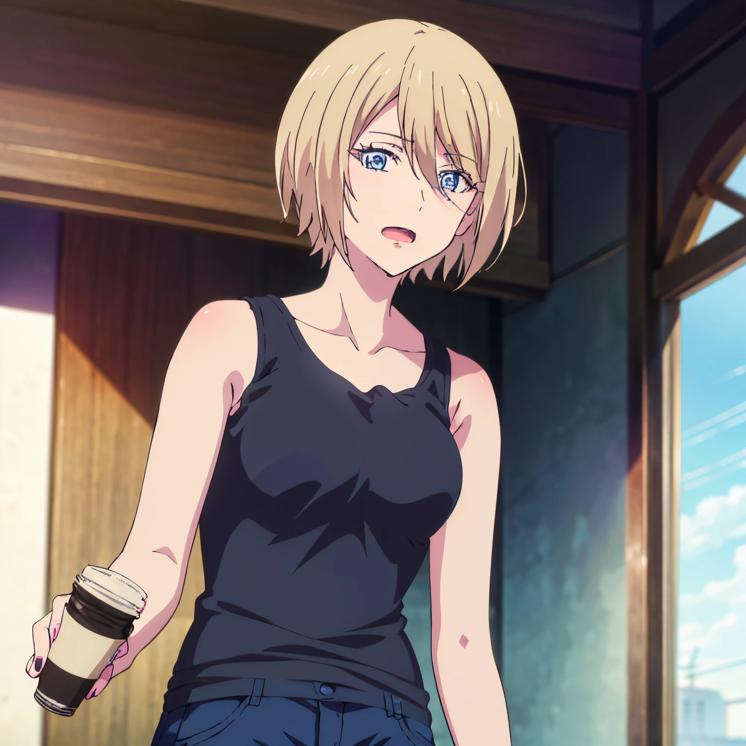 , akane hououji, 1girl, alone, looking at viewer, short hair, open mouth, blue eyes, blonde hair, short hair, holding, hair between eyes, collarbone, blue pants, tank top, tight black shirt, pink nails