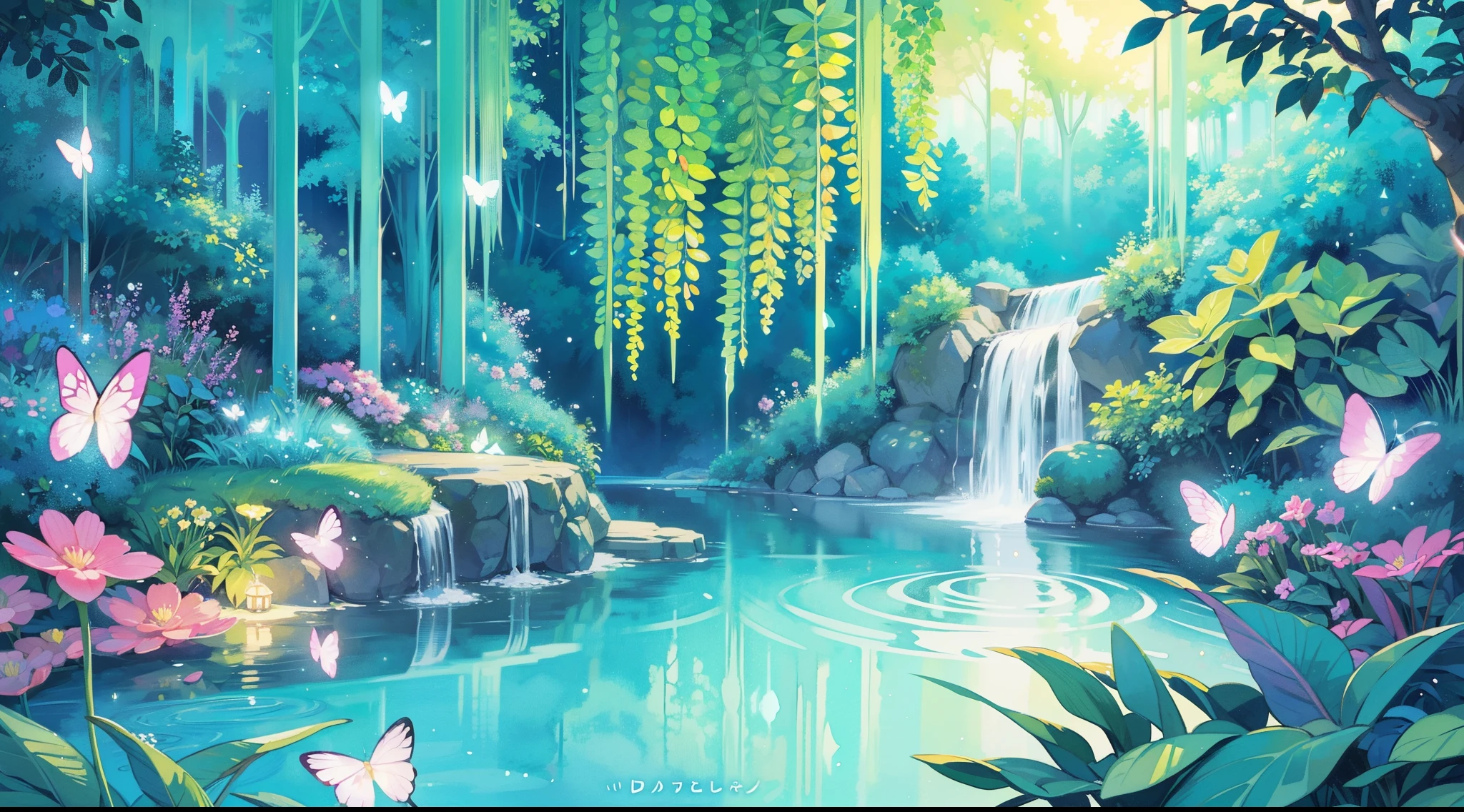 picture book illustration, watercolor storybook illustration, vibrant pastel colors, dreamy, colorful, whimsical, magical, masterpiece, best quality, sharp focus, intricately detailed environment, fine detail, 8k resolution, waterfall lagoon, (magical lagoon), (waterfall, lake), (glowing lights, fireflies, glowing butterflies