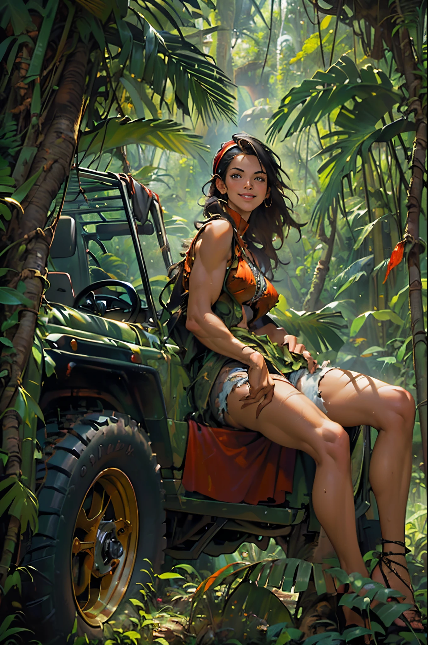 ((Many award-winning works, With incredible details, textures and maximum detail)), ((1female,confident smile,((Toothy smile)), ((Standing in front of SUV)), ((Sitting in an SUV)),(((convertible jeep))))),(( girl,girl,A MILF,(head band),((the hair:horse tailed,bobo head,Qi bangs)),((slim sexy girl 1.8)),denim short,Booties,((adventure set)))),((Wearing:Pilot leather jacket,Tattered jeans)),(Full-body image:1,2), (up of the upper body:0.4), (The best quality real textured skin), ((five perfect and beautiful fingers)), (Anatomically correct limbs and physique:1.5), (Delicate, round and symmetrical eyes), (exquisite and beautiful face:1.6), ((Background with:(Jungle trails),(deep in dense woods),((the rainforest,jungles)))), (the complex background,Complicated details:1.2), late 1990s,Retro nostalgia,((dynamic viewing angle+dynamic compositions)),((Sexual suggestiveness)),(Fechin Oil Painting - Fechin Oil Painting , oil painted), Deep in the jungle,(SUV),004