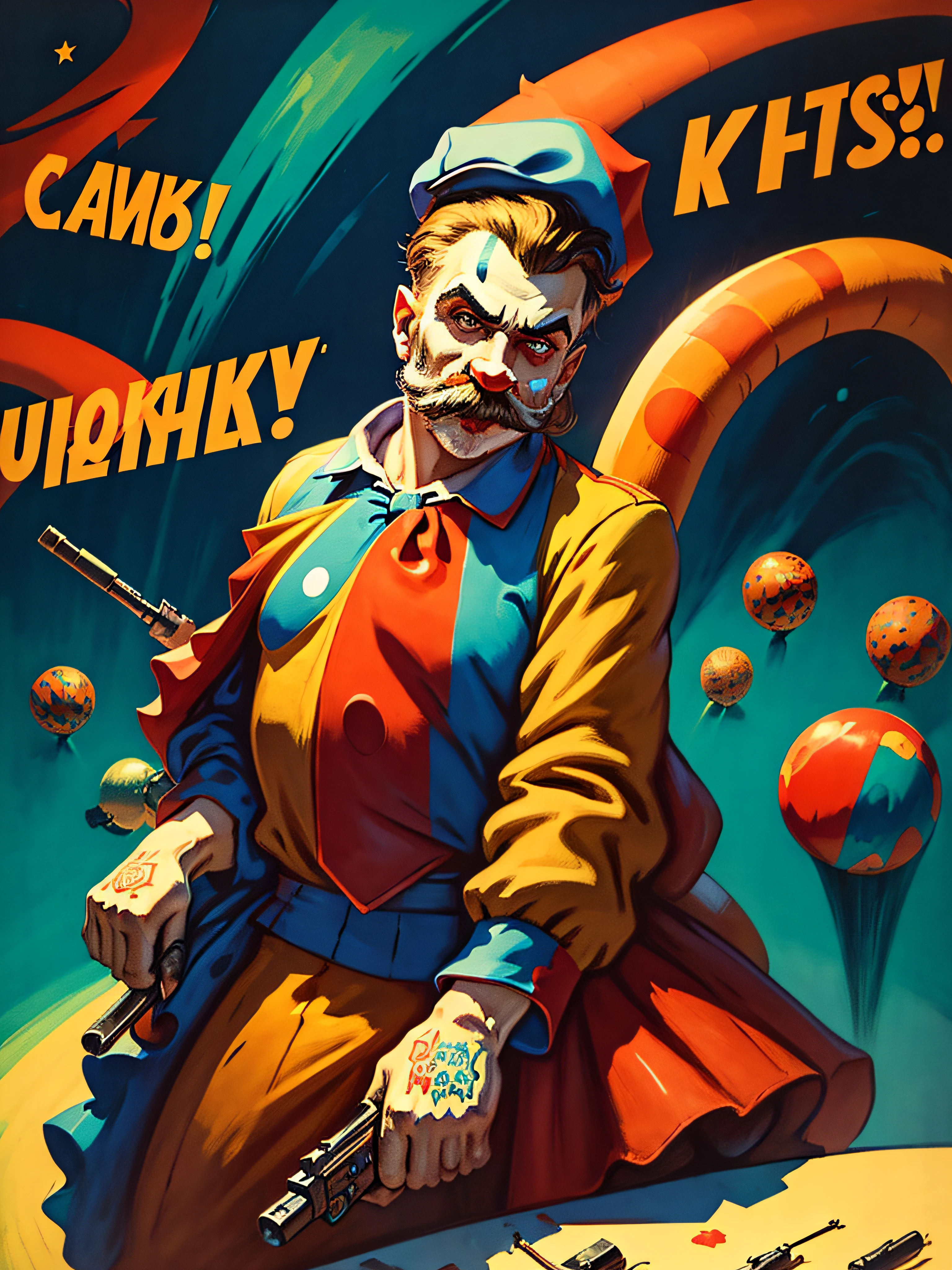 official art, unity 8k wallpaper, ultra detailed, aesthetically pleasing, High quality, masterpiece, best quality, a close up of a person holding a gun with a clown hat on, murderous carnival freak, capitalist clown, gangster, jester, clown, he has a pistol, of a gang of circus clowns, inspired by Earle Bergey, stylized digital illustration, mobster, smoking and holding a gun, background artwork, portrait death clown