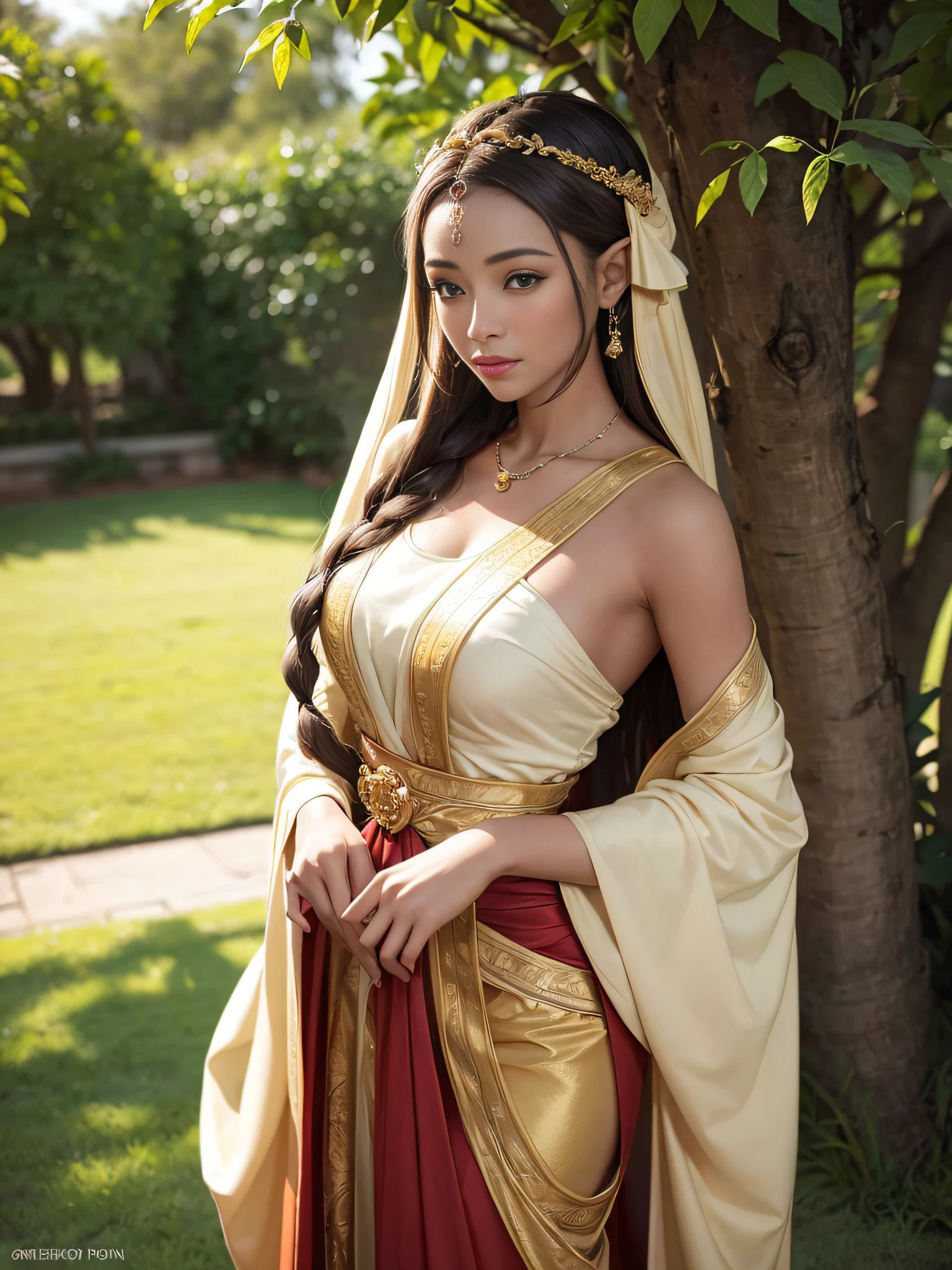 Graceful elven girl standing in meadow, Delicate face illuminated by the soft light of the setting sun. Her long, Flowing hair runs down your back, Decorated with intricate braids、Adorned with sparkling gemstones. This great photo is、、、It captures the ethereal beauty of elves. Slender figure in silk dress、Swaying in the soft steppe breeze. Attention to detail、Face that is、Face that is、Face that is、Face that is、It is evident in the intricate patterns of the dress and the subtle highlights of the luminescence. skin. The breathtaking portrayal of the elven girl is、、、、、Create an enchanting atmosphere、It invites the viewer to a magical world.