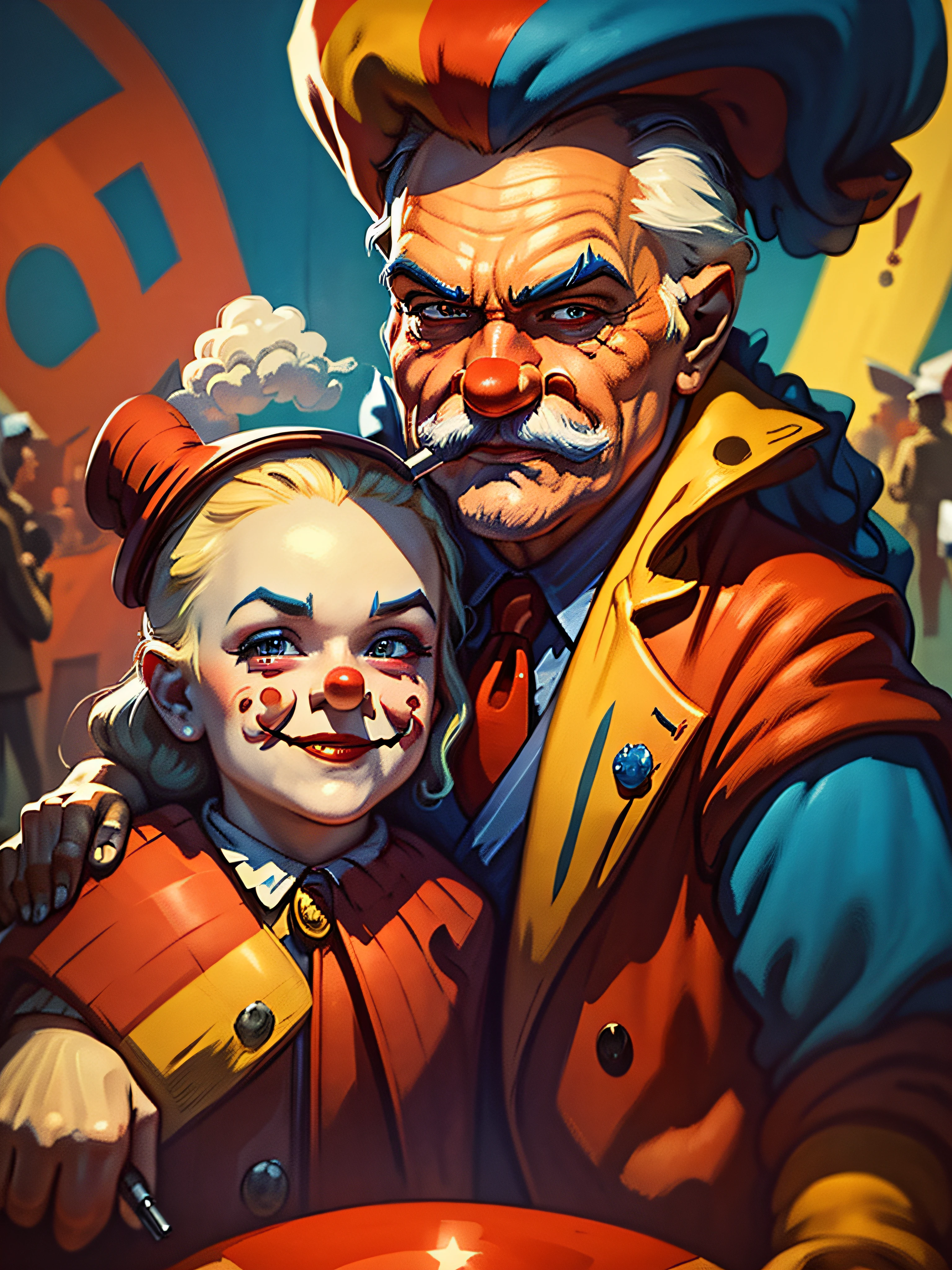 official art, unity 8k wallpaper, ultra detailed, aesthetically pleasing, High quality, masterpiece, best quality, a close up of a person holding a gun with a clown hat on, murderous carnival freak, capitalist clown, gangster, jester, clown, he has a pistol, of a gang of circus clowns, inspired by Earle Bergey, stylized digital illustration, mobster, smoking and holding a gun, background artwork, portrait death clown