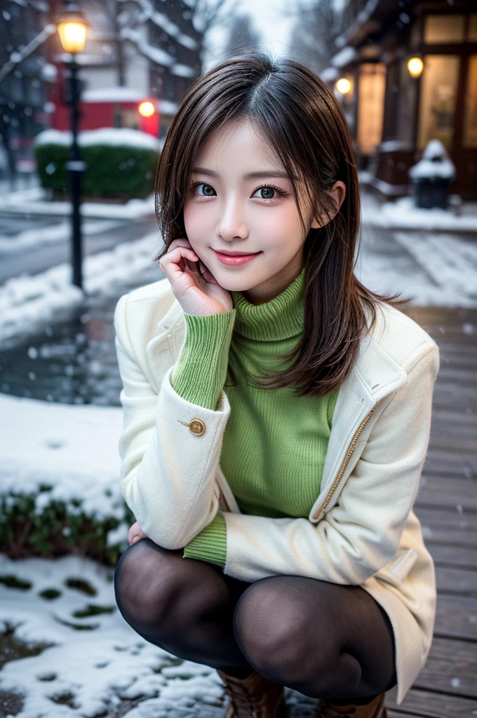 (masutepiece:1.3, Photorealsitic:1.4, 8K), top-quality, ​masterpiece, 超A high resolution, Perfect dynamic composition, Highly detailed skin and facial texture:1.3, A detailed eye, Detailed limbs, It's snowing:1.2, Snowy landscape at night:1.2, 1girl in, Cute sexy 22 year old slim woman, Fair skin, tilt the neck, ((voluptuous breasts:0.9)), ((A smile:0.9, Totally captivates you:1.0)), (A white coat over a yellow-green long-sleeved turtleneck sweater:1.2, Gingham check miniskirt:1.1), Short boots, (Facing the front, Squat with your knees bent), (Beautiful blue eyes, Eyes that feel beautiful eros:0.85), Sexy face:0.4, (A mouthfeel that feels beautiful eros:0.85), ((Too erotic:0.9))