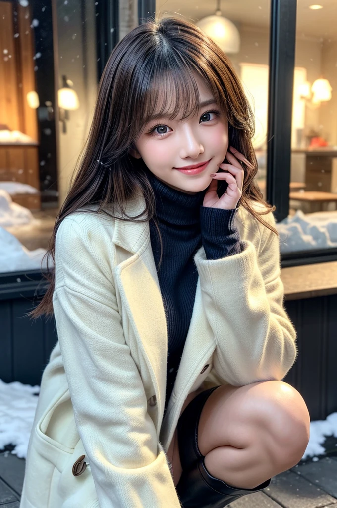 (masutepiece:1.3, Photorealsitic:1.4, 8K), top-quality, ​masterpiece, 超A high resolution, Perfect dynamic composition, Highly detailed skin and facial texture:1.3, A detailed eye, Detailed limbs, It's snowing:1.2, Snowy landscape at night:1.2, 1girl in, Cute sexy 22 year old slim woman, Fair skin, tilt the neck, ((voluptuous breasts:0.9)), ((A smile:0.9, Totally captivates you:1.0)), (A white coat over a yellow-green long-sleeved turtleneck sweater:1.2, Gingham check miniskirt:1.1), Short boots, (Facing the front, Squat with your knees bent), (Beautiful blue eyes, Eyes that feel beautiful eros:0.85), Sexy face:0.4, (A mouthfeel that feels beautiful eros:0.85), ((Too erotic:0.9))