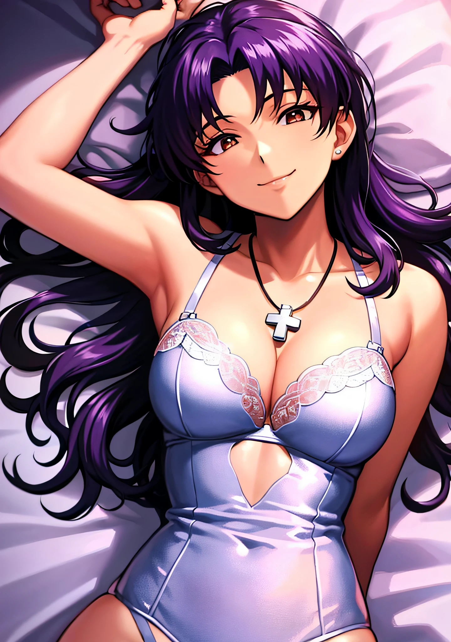 (masutepiece),(Best Quality), Katsuragi Misato, robe blanche, Brown eyes, Huge chest on the verge of bursting、Cross Necklace, Lingerie with a small area、Lying in bed、Seductive、Seductive look、seducting smile