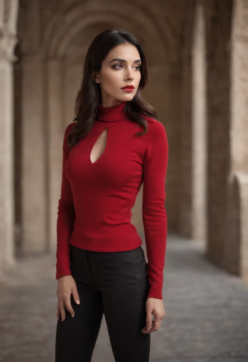 NSFW,Emilicia Gomez, tall, Gorgeous, Spanish descent, Age 23, express sexual desire to me, Smooth skin, Black hair. Turtleneck of red color, Black Fitting Pants, Simple Silver Cross Necklace, Work in an underground base, Highly detailed, 发光, 8K, Checking artifacts, holding a long whip. Amazing detail,