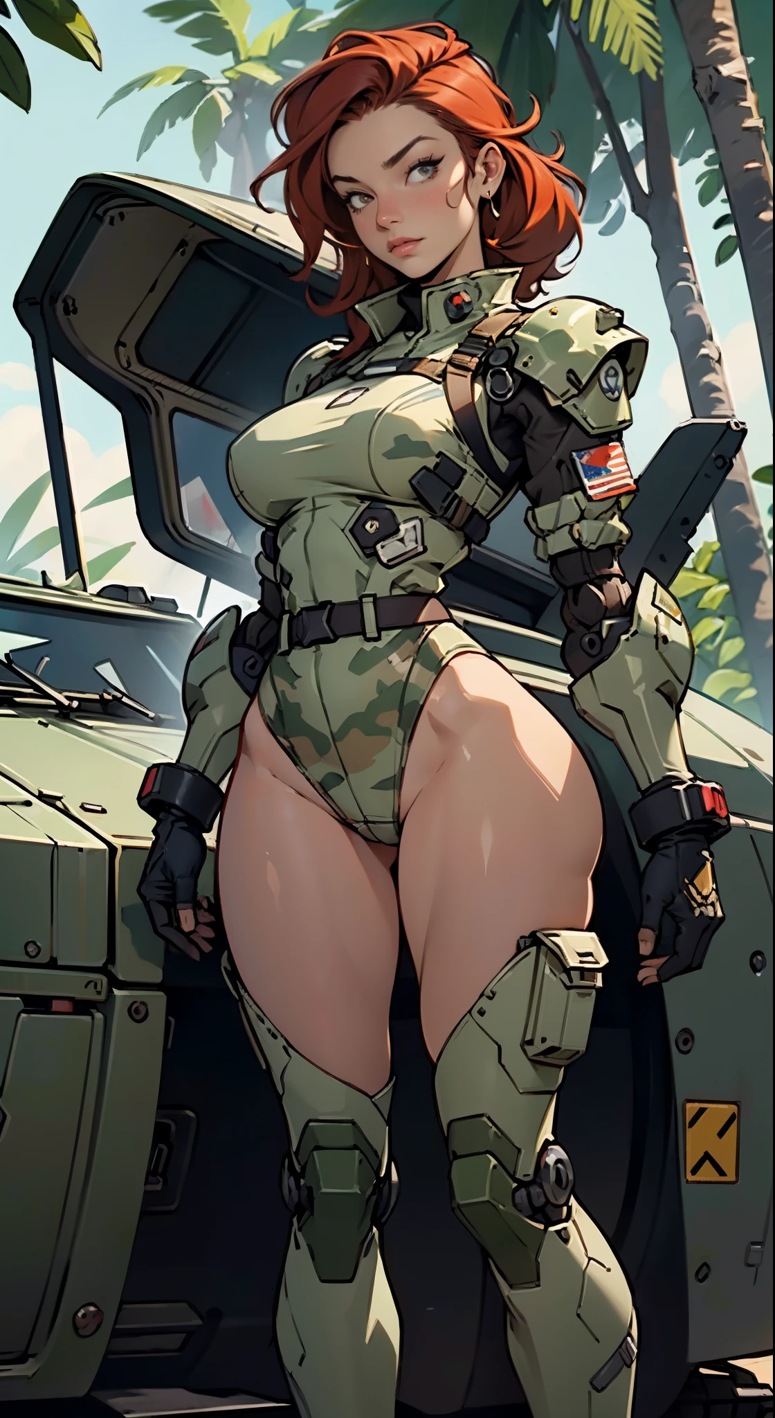 1woman 20 years old, high res, crisp lines, sculpted, military, wearing a soldier helmet, beautiful, perfect body, realistic, red hair, perfect body, thin waist, full outfit, wide hips, large breasts, slim thighs, jungle background, armored vehicle, flying fighters, military robot dog, camouflaged uniform, wealth of details, tight panties marking on the front, head to toe, highly detailed, high resolution, perfect hands,