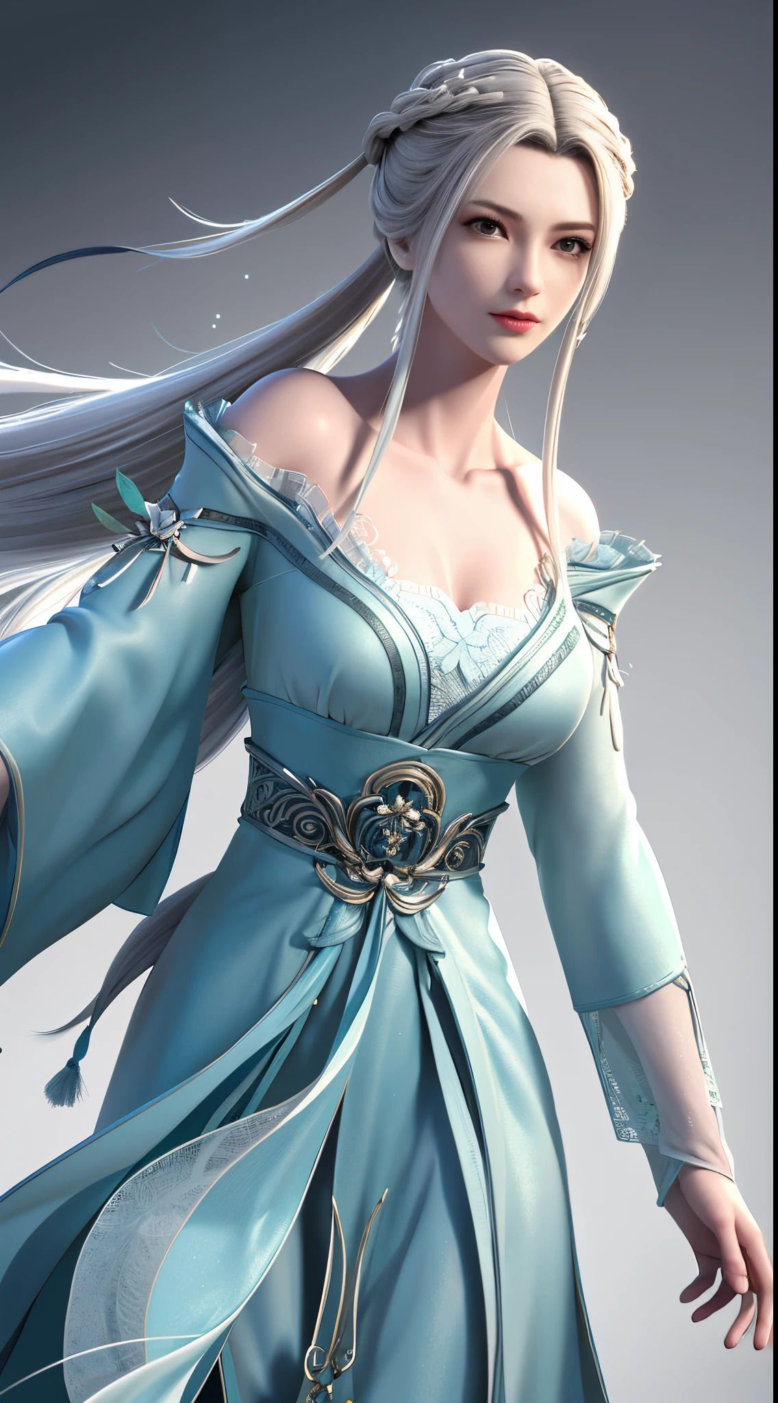 A woman in a blue dress with long white hair - SeaArt AI
