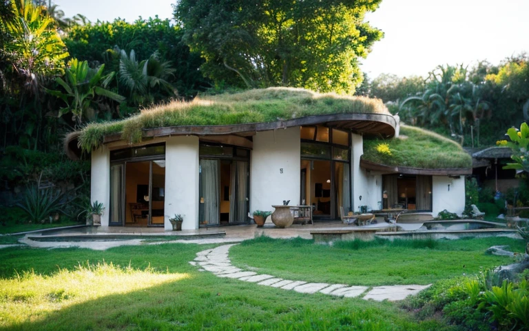 A photograph of a symmetrical contemporary house with (((one waved green roof))) and (((biological pool))) in a tropical backyard, mustard yellow terracota plaster walls (((rustic clay stucco))), ((corner walls rounded)), ((rustic clay plaster)), (((terracotta walls with rounded corners, organic curves))), (((rustic earth plaster, mud))), (((wave-shaped green roof with wooden edge))), (((wooden roof structure, wooden rake, wooden fascia board))), eaves, porch with wooden pillar, ((roof with wooden structure)), In Bali (((Tropical garden))), ((natural houses, organic buildings, organic architecture)), Ecovillage, sustainable architecture, Bioconstruction architecture, solarpunk architecture, (((grass roof, green roof, green wave roof, rounded roof, vegetated roofs))), ((green architecture)), Passive house, (((Rock Foundation))), Clear sky in the background, painful beauty, modern, imposing, green house, ((Bali hobbit Hadid Style)), super resolution, cinematic, color grading, editorial photography, photography, photo shoot, (((dramatic front eye top angle view))), O 50mm, depth of field, intricate details, natural colors, sharp focus, warm light, shutter speed 1/1000, F/22, White Balance, Ray Trace Reflections, Lumen Reflections, Screen Space Reflections, Diffraction Rating, Chromatic Aberration, GB Shift, Partial Lighting, Backlighting, Daylighting, Scan Lines, ambient occlusion, antialiasing, shaders, OpenGL-Shaders, GLSL-Shaders, Post-processing, post-production, shading, tone mapping, incredibly detailed and complex, hypermaximalist, elegant, hyperrealistic, super detailed, dynamic pose, Fujifilm XT
