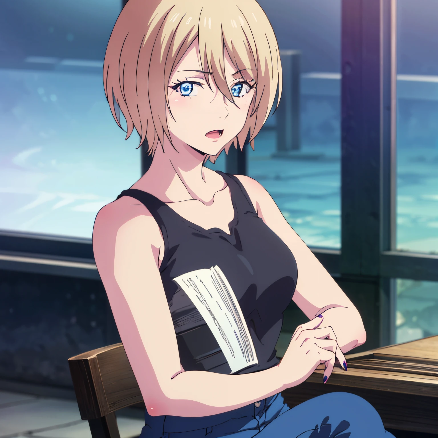 , akane hououji, 1girl, alone, looking at viewer, short hair, open mouth, blue eyes, blonde hair, short hair, holding, hair between eyes, collarbone, blue pants, tank top, tight black shirt, pink nails