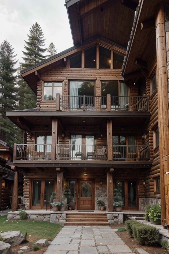 Mountain Retreat Villa in the Alpine Biome: Location: Tucked away in the heart of the alpine mountains. Size: A cozy, cabin-like villa with large windows to capture mountain vistas. Color: Warm and dark timber exteriors with stone accents, complementing the alpine scenery. Material: Timber frame construction with stone foundations and a cedar shingle roof. the picture is captured outside on a sony A6000.