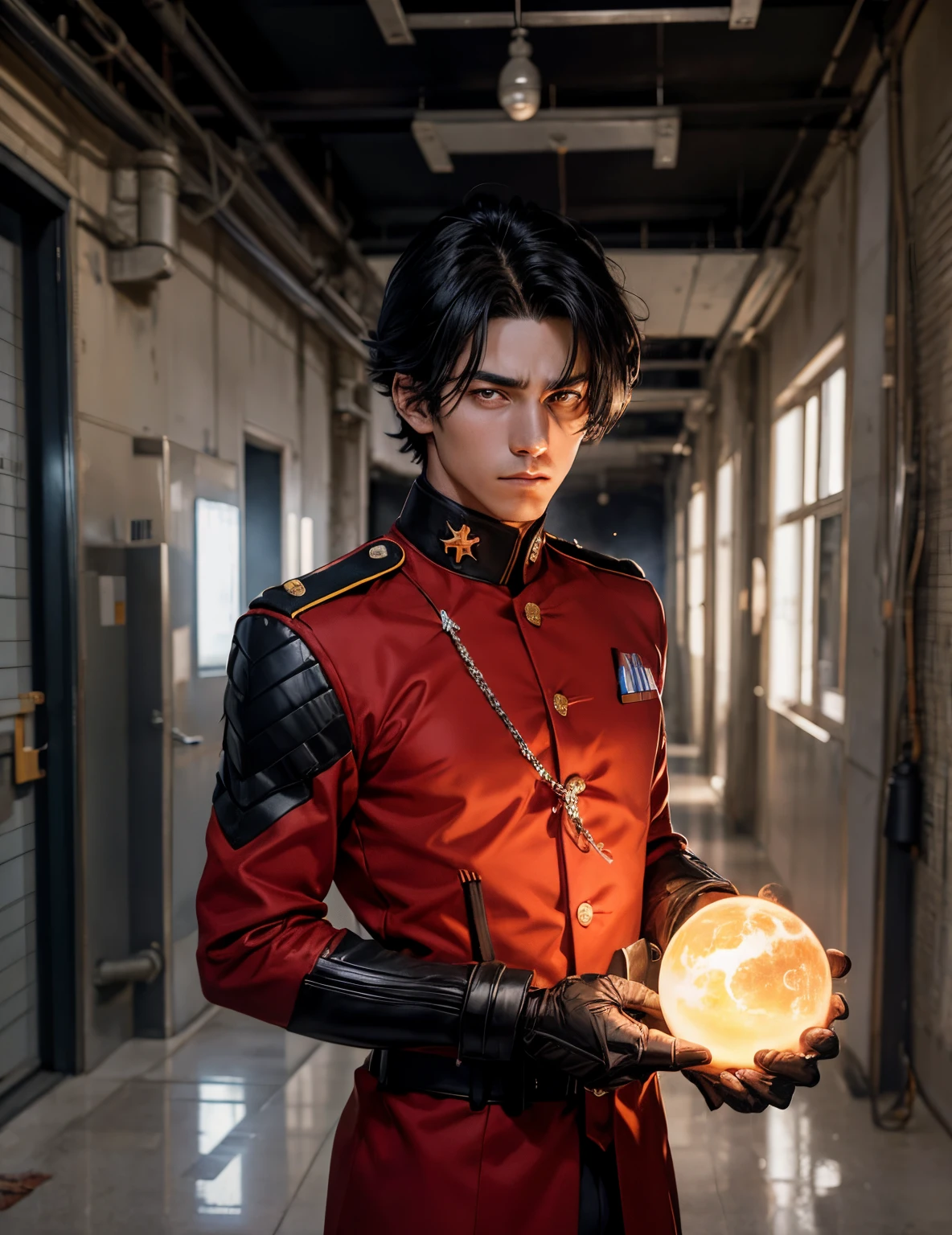 A spherical energy bullet made of light is being produced in the man's hand. A handsome man. Early twenties. He is looking at the camera with an angry expression. Black hair of medium length.The man is wearing a red SS uniform, and he is standing in the hallway of a military base strewn with rubble.