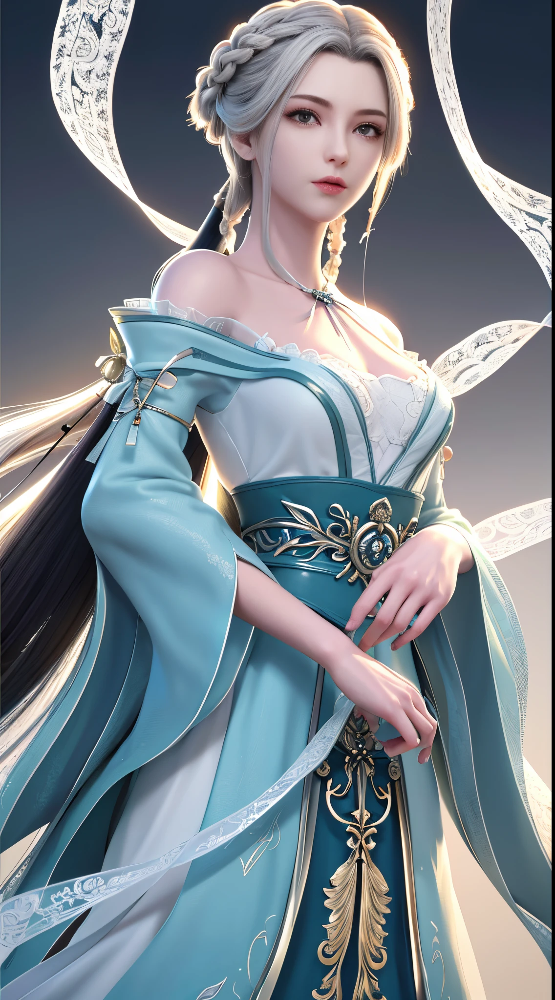 (best qualtiy,tmasterpiece:1.2),超高分辨率,realisticlying,Front lighting,Complicated details,Exquisitedetailsandtextures,1girl,独奏,(年轻),Facial highlights,The upper part of the body,Detail face,tear-mole,white skinned,,pony tails,pigtails,looking at viewert,largeeyes,Silk robes,(Openwork pattern,white colors,silkouette),耳Nipple Ring,little breast,slimfigure,Deluxe room,profesional lighting,photon maping,Radio City,physically-based renderingt,