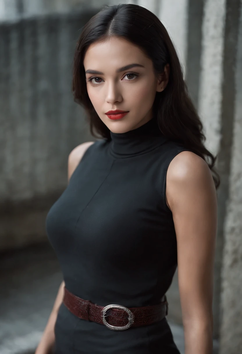 Emilicia Gomez, tall, Gorgeous, Spanish descent, Age 23, Smooth skin, Black hair. Turtleneck of red color, Black Fitting Pants, Simple Silver Cross Necklace, Work in an underground base, Highly detailed, 发光, 8K, Checking artifacts, holding a long whip. Amazing detail,