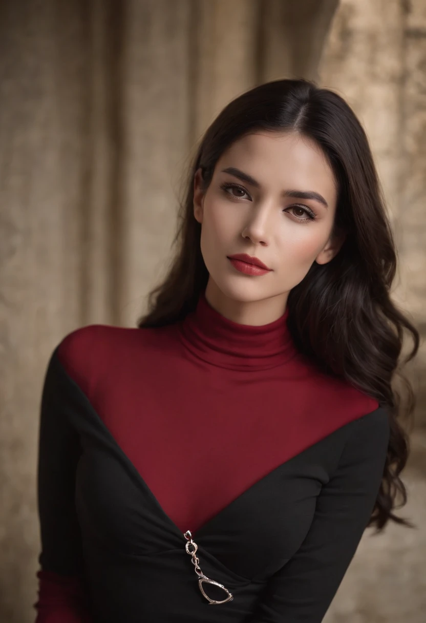 Emilicia Gomez, tall, Gorgeous, Spanish descent, Age 23, Smooth skin, Black hair. Turtleneck of red color, Black Fitting Pants, Simple Silver Cross Necklace, Work in an underground base, Highly detailed, 发光, 8K, Checking artifacts, holding a long whip. Amazing detail,