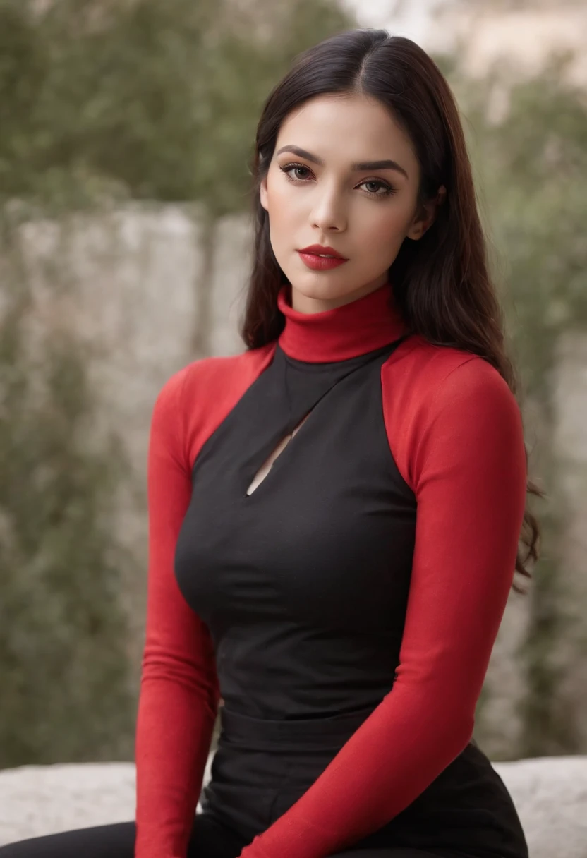 NSFW,Emilicia Gomez, tall, Gorgeous, Spanish descent, Age 23, A vulgar pose that shows strong sexual desire and invites me to have sex., Smooth skin, Black hair. Turtleneck of red color, Black Fitting Pants, Simple Silver Cross Necklace, Work in an underground base, Highly detailed, 发光, 8K, Checking artifacts, holding a long whip. Amazing detail,