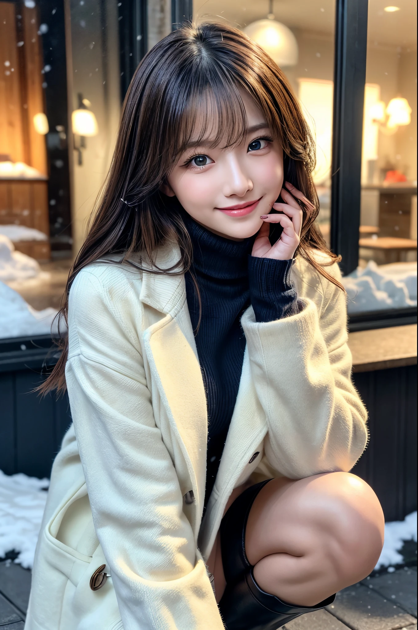 (masutepiece:1.3, Photorealsitic:1.4, 8K), top-quality, ​masterpiece, 超A high resolution, Perfect dynamic composition, Highly detailed skin and facial texture:1.3, A detailed eye, Detailed limbs, It's snowing:1.2, Snowy landscape at night:1.2, 1girl in, Cute sexy 22 year old slim woman, Fair skin, tilt the neck, ((voluptuous breasts:0.9)), ((A smile:0.9, Totally captivates you:1.0)), (A white coat over a yellow-green long-sleeved turtleneck sweater:1.2, Gingham check miniskirt:1.1), Short boots, (Facing the front, Squat with your knees bent), (Beautiful blue eyes, Eyes that feel beautiful eros:0.85), Sexy face:0.4, (A mouthfeel that feels beautiful eros:0.85), ((Too erotic:0.9))