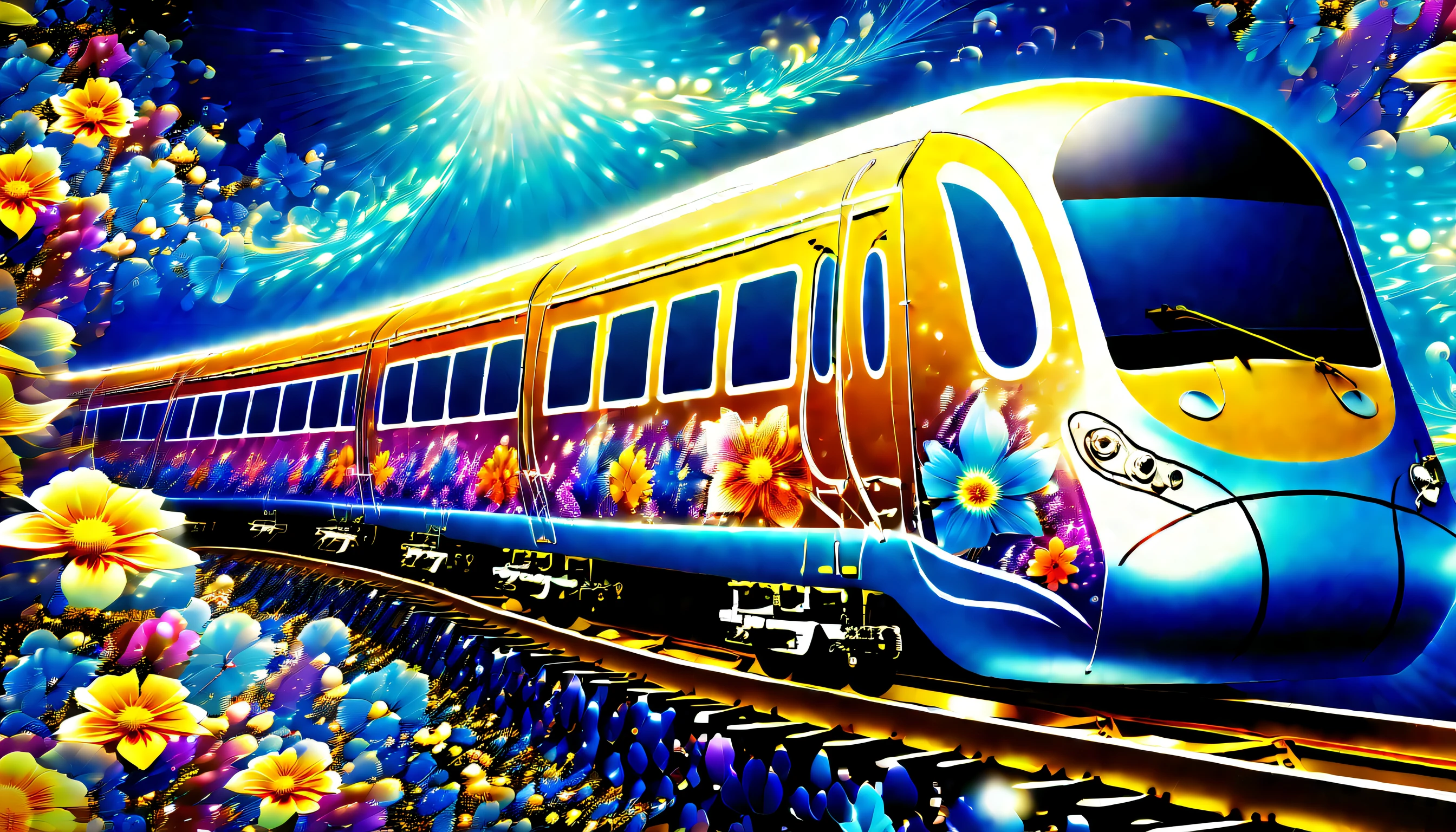(((imagination run wildness with this visually descriptive, beauty flower train:1.4))), overflowing with sadness, travels through a world of deep blue skies and a nostalgic dream-like atmosphere, intricate brushstrokes and a vibrant rich color palette, lots eternal fantasy dream soap bubbles, painting is incredibly detailed, beauty both alluring and intimidating, silver and gold gleam in the light, majestic figure adorned with golden accents, metallic mysterious, beyond the boundless boundaries of the cosmos, (((sharpness and clarity unmatched:1.4))), impeccable quality, highest quality, highly quality, best quality, (((radiosity rendered in stunning 32k resolution:1.3))), (((highest quality, highly quality:1.4))), (((design a visually captivating image:1.5))),