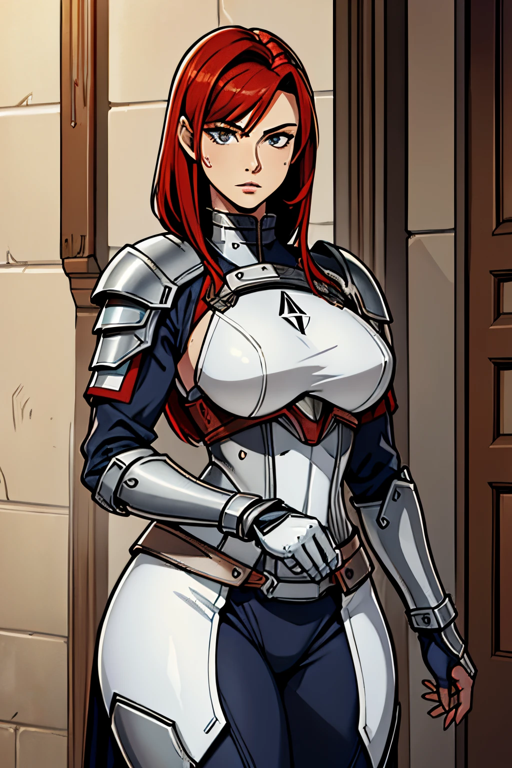 uma mulher em armadura com uma espada, Rainha ruiva em armadura vermelha pesada, Senhora na armadura vermelha, female redhead templar, Retrato do Paladino Feminino, armadura vermelha, da armadura, retrato cavaleiro feminino, gorgeous female paladin, epic RPG portrait, feminino, arte estilo fada shepard, cushart krenz arte chave feminina, Garota linda,cabelo longo Vermelhos, vestindo uma armadura, seios grandes, gostosa sexy, corpo humanoide