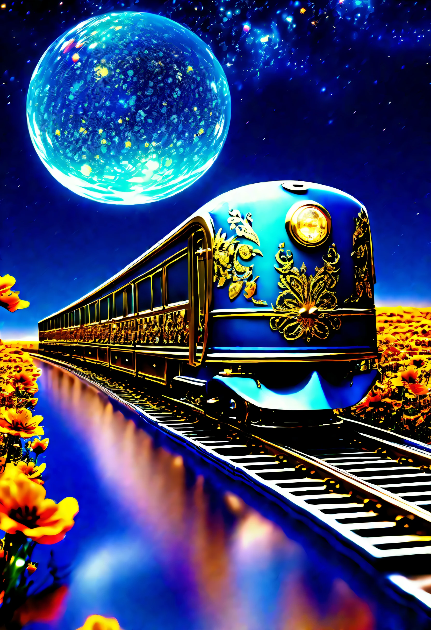 (((imagination run wildness with this visually descriptive, beauty flower train:1.4))), overflowing with sadness, travels through a world of deep blue skies and a nostalgic dream-like atmosphere, intricate brushstrokes and a vibrant rich color palette, lots eternal fantasy dream soap bubbles, painting is incredibly detailed, beauty both alluring and intimidating, silver and gold gleam in the light, majestic figure adorned with golden accents, metallic mysterious, beyond the boundless boundaries of the cosmos, sharpness and clarity unmatched, impeccable quality, highest quality, highly quality, best quality, (((radiosity rendered in stunning 32k resolution:1.3))), (((highest quality, highly quality:1.4))), (((design a visually captivating image:1.5))),