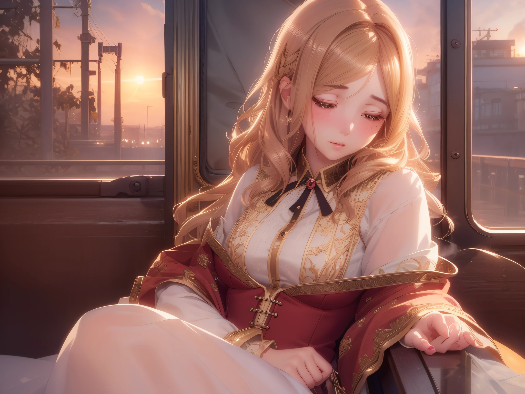 train, (extremely detailed CG), (Best Quality:1.3), (detailed:1.4), girl, sleeping, (Volume Lighting, Best Shadows, with a shallow depth of field, Blush Eyeshadow, (detailed hair:1.4), (high resolution, train), Superb Detail:1.25, high detail, anime, romanticism