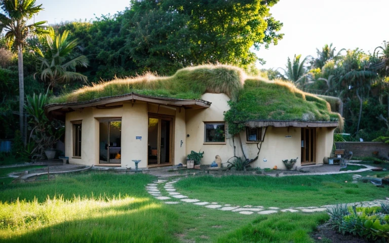 A photograph of a symmetrical contemporary house with (((one waved green roof))) and (((biological pool))) in a tropical backyard, mustard yellow terracota plaster walls (((rustic clay stucco))), ((corner walls rounded)), ((rustic clay plaster)), (((terracotta walls with rounded corners, organic curves))), (((rustic earth plaster, mud))), (((wave-shaped green roof with wooden edge))), (((wooden roof structure, wooden rake, wooden fascia board))), eaves, porch with wooden pillar, ((roof with wooden structure)), In Bali (((Tropical garden))), ((natural houses, organic buildings, organic architecture)), Ecovillage, sustainable architecture, Bioconstruction architecture, solarpunk architecture, (((grass roof, green roof, green wave roof, rounded roof, vegetated roofs))), ((green architecture)), Passive house, (((Rock Foundation))), Clear sky in the background, painful beauty, modern, imposing, green house, ((Bali hobbit Hadid Style)), super resolution, cinematic, color grading, editorial photography, photography, photo shoot, (((dramatic front eye top angle view))), O 50mm, depth of field, intricate details, natural colors, sharp focus, warm light, shutter speed 1/1000, F/22, White Balance, Ray Trace Reflections, Lumen Reflections, Screen Space Reflections, Diffraction Rating, Chromatic Aberration, GB Shift, Partial Lighting, Backlighting, Daylighting, Scan Lines, ambient occlusion, antialiasing, shaders, OpenGL-Shaders, GLSL-Shaders, Post-processing, post-production, shading, tone mapping, incredibly detailed and complex, hypermaximalist, elegant, hyperrealistic, super detailed, dynamic pose, Fujifilm XT