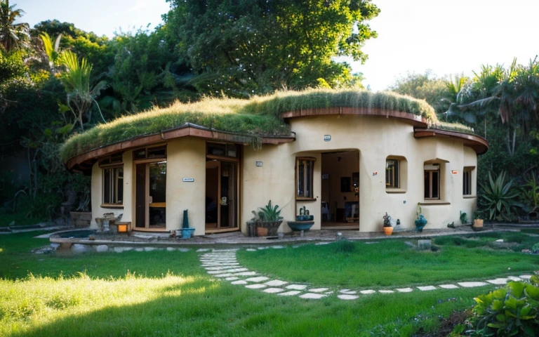 A photograph of a symmetrical contemporary house with (((one waved green roof))) and (((biological pool))) in a tropical backyard, mustard yellow terracota plaster walls (((rustic clay stucco))), ((corner walls rounded)), ((rustic clay plaster)), (((terracotta walls with rounded corners, organic curves))), (((rustic earth plaster, mud))), (((wave-shaped green roof with wooden edge))), (((wooden roof structure, wooden rake, wooden fascia board))), eaves, porch with wooden pillar, ((roof with wooden structure)), In Bali (((Tropical garden))), ((natural houses, organic buildings, organic architecture)), Ecovillage, sustainable architecture, Bioconstruction architecture, solarpunk architecture, (((grass roof, green roof, green wave roof, rounded roof, vegetated roofs))), ((green architecture)), Passive house, (((Rock Foundation))), Clear sky in the background, painful beauty, modern, imposing, green house, ((Bali hobbit Hadid Style)), super resolution, cinematic, color grading, editorial photography, photography, photo shoot, (((dramatic front eye top angle view))), O 50mm, depth of field, intricate details, natural colors, sharp focus, warm light, shutter speed 1/1000, F/22, White Balance, Ray Trace Reflections, Lumen Reflections, Screen Space Reflections, Diffraction Rating, Chromatic Aberration, GB Shift, Partial Lighting, Backlighting, Daylighting, Scan Lines, ambient occlusion, antialiasing, shaders, OpenGL-Shaders, GLSL-Shaders, Post-processing, post-production, shading, tone mapping, incredibly detailed and complex, hypermaximalist, elegant, hyperrealistic, super detailed, dynamic pose, Fujifilm XT