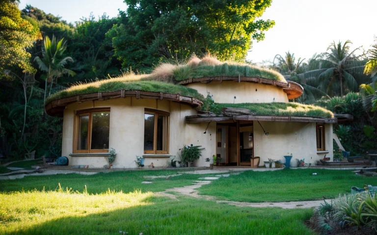 A photograph of a symmetrical contemporary house with (((one waved green roof))) and (((biological pool))) in a tropical backyard, mustard yellow terracota plaster walls (((rustic clay stucco))), ((corner walls rounded)), ((rustic clay plaster)), (((terracotta walls with rounded corners, organic curves))), (((rustic earth plaster, mud))), (((wave-shaped green roof with wooden edge))), (((wooden roof structure, wooden rake, wooden fascia board))), eaves, porch with wooden pillar, ((roof with wooden structure)), In Bali (((Tropical garden))), ((natural houses, organic buildings, organic architecture)), Ecovillage, sustainable architecture, Bioconstruction architecture, solarpunk architecture, (((grass roof, green roof, green wave roof, rounded roof, vegetated roofs))), ((green architecture)), Passive house, (((Rock Foundation))), Clear sky in the background, painful beauty, modern, imposing, green house, ((Bali hobbit Hadid Style)), super resolution, cinematic, color grading, editorial photography, photography, photo shoot, (((dramatic front eye top angle view))), O 50mm, depth of field, intricate details, natural colors, sharp focus, warm light, shutter speed 1/1000, F/22, White Balance, Ray Trace Reflections, Lumen Reflections, Screen Space Reflections, Diffraction Rating, Chromatic Aberration, GB Shift, Partial Lighting, Backlighting, Daylighting, Scan Lines, ambient occlusion, antialiasing, shaders, OpenGL-Shaders, GLSL-Shaders, Post-processing, post-production, shading, tone mapping, incredibly detailed and complex, hypermaximalist, elegant, hyperrealistic, super detailed, dynamic pose, Fujifilm XT