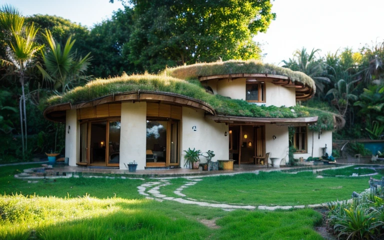A photograph of a symmetrical contemporary house with (((one waved green roof))) and (((biological pool))) in a tropical backyard, mustard yellow terracota plaster walls (((rustic clay stucco))), ((corner walls rounded)), ((rustic clay plaster)), (((terracotta walls with rounded corners, organic curves))), (((rustic earth plaster, mud))), (((wave-shaped green roof with wooden edge))), (((wooden roof structure, wooden rake, wooden fascia board))), eaves, porch with wooden pillar, ((roof with wooden structure)), In Bali (((Tropical garden))), ((natural houses, organic buildings, organic architecture)), Ecovillage, sustainable architecture, Bioconstruction architecture, solarpunk architecture, (((grass roof, green roof, green wave roof, rounded roof, vegetated roofs))), ((green architecture)), Passive house, (((Rock Foundation))), Clear sky in the background, painful beauty, modern, imposing, green house, ((Bali hobbit Hadid Style)), super resolution, cinematic, color grading, editorial photography, photography, photo shoot, (((dramatic front eye top angle view))), O 50mm, depth of field, intricate details, natural colors, sharp focus, warm light, shutter speed 1/1000, F/22, White Balance, Ray Trace Reflections, Lumen Reflections, Screen Space Reflections, Diffraction Rating, Chromatic Aberration, GB Shift, Partial Lighting, Backlighting, Daylighting, Scan Lines, ambient occlusion, antialiasing, shaders, OpenGL-Shaders, GLSL-Shaders, Post-processing, post-production, shading, tone mapping, incredibly detailed and complex, hypermaximalist, elegant, hyperrealistic, super detailed, dynamic pose, Fujifilm XT