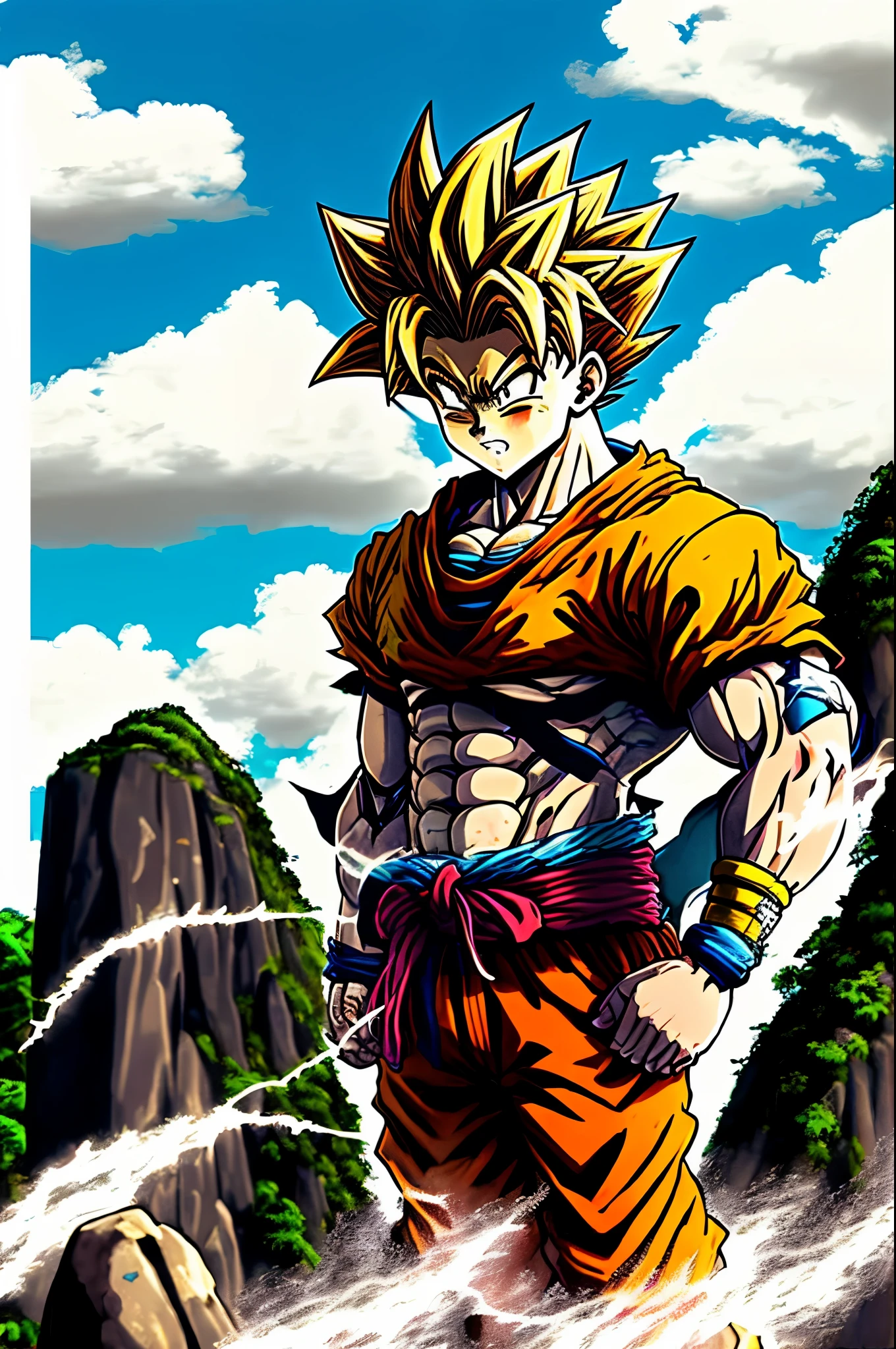 Personagem Goku de dragon ball, invocando shei-long no topo do corcovado no Rio de Janeiro. With cloudy sky and lightning