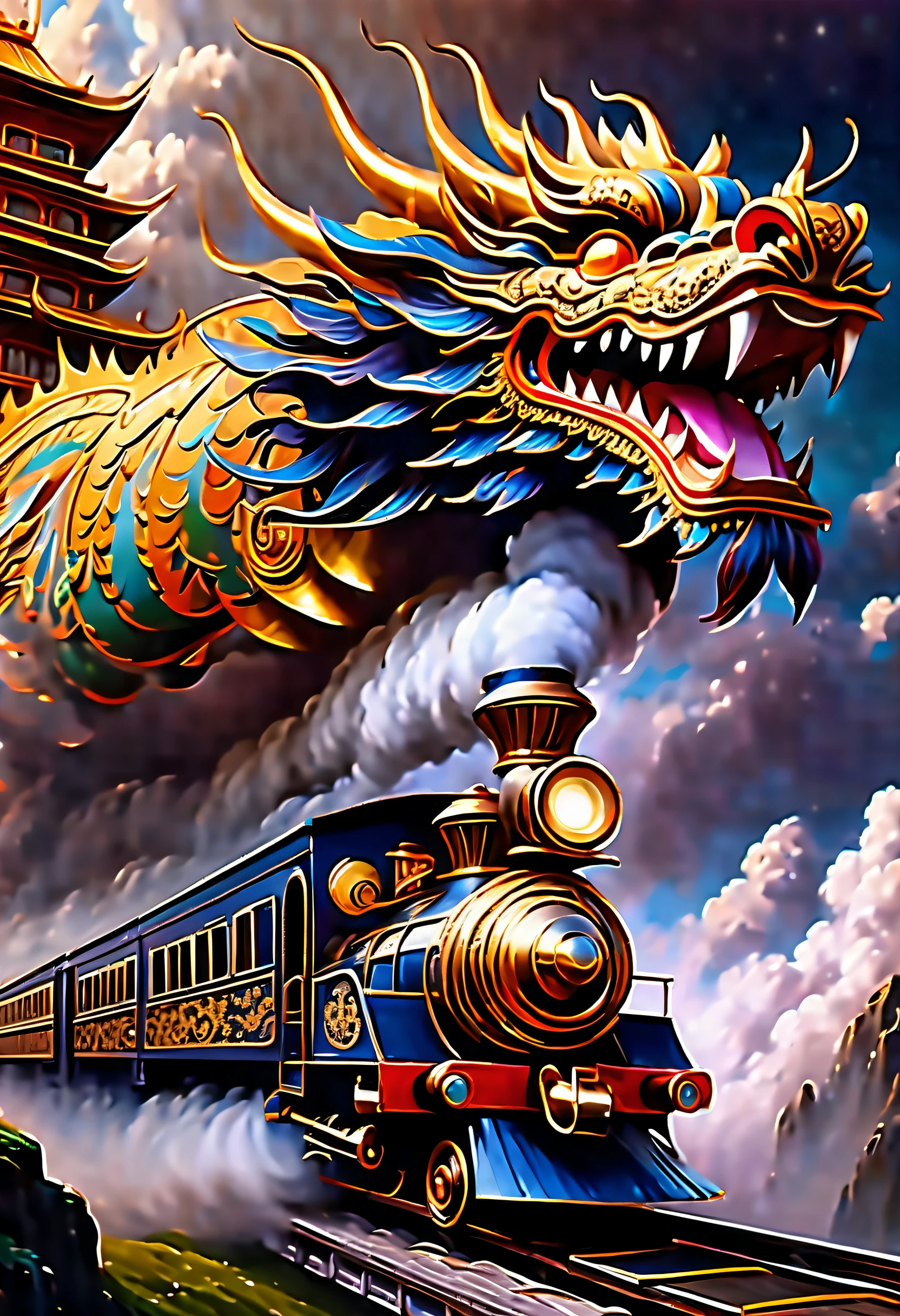 most exquisite train you've ever seen, a fusion of Chinese dragons and eternal fantasy train, (intricate details and luxurious decorations:1.1), dark fantasy train flying through the sky, as it flies through the clouds, mesmerized by the intricate details and shimmering background, realistic rendering and delicate brushwork bring this fantastical scene to life, making it a true masterpiece, rendered with a realistic touch and delicate brushstrokes, soaring through the sky, drama to the already stunning illustration, most luxurious and detailed train in existence, intricately detailed and carefully rendered, exquisitely crisp details, incredible mystical high resolution, intricate brushstrokes and a vibrant color palette, (((radiosity rendered in stunning 32k resolution:1.4))), ((beautiful detail glow:1.1)), (((highest quality:1.3))), highly quality, nice quality,