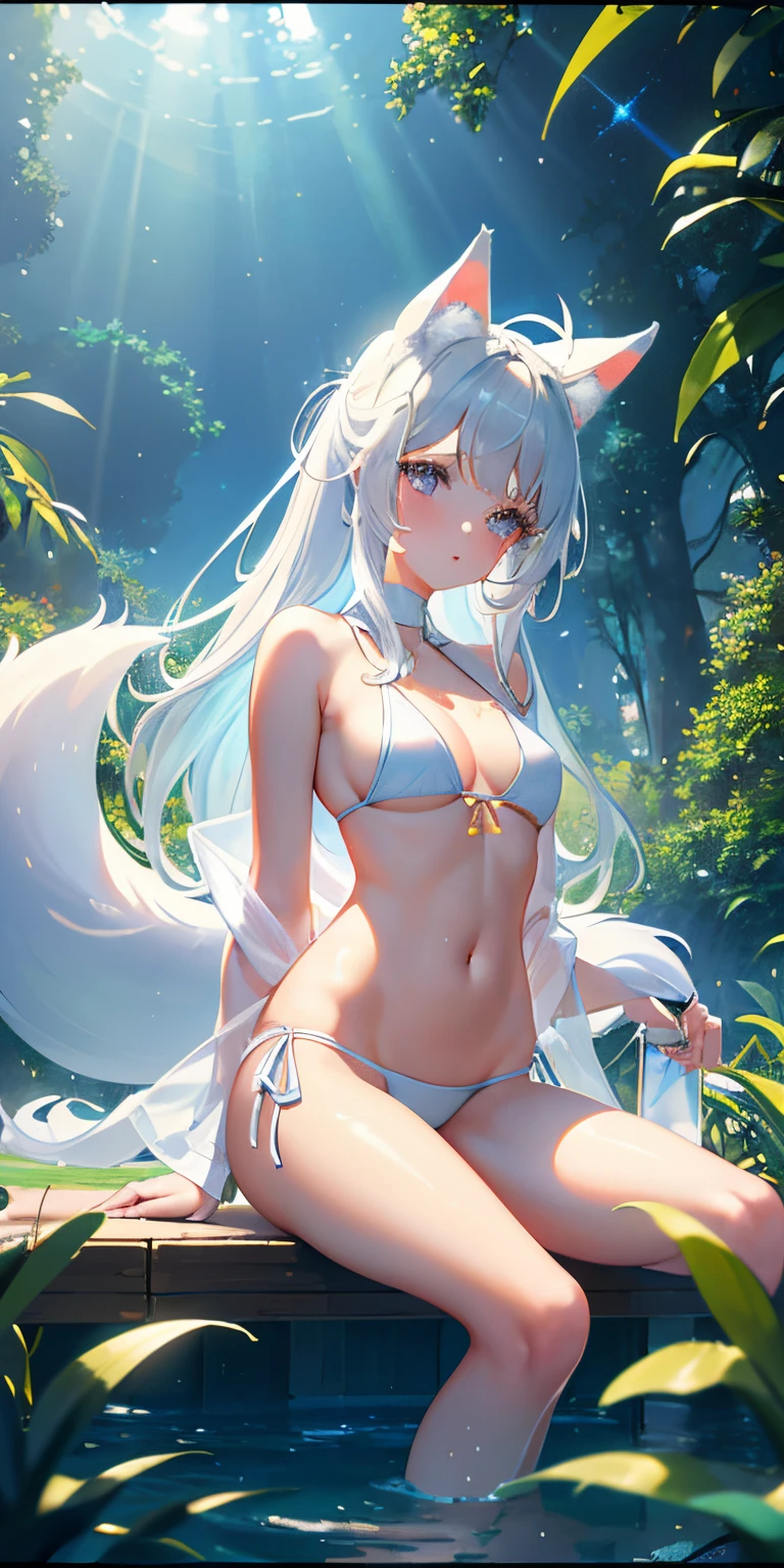 [(transparent background:1.5)::5],(((tmasterpiece))),(((Best quality at best))),(((The is very detailed))),illustratio, 1个Giant Breast Girl,Alone,mistic,vibrant with colors,Shiny, Underwater transparent sealed hemispherical glass dome, (White hair),(a purple eye), full bodyesbian,The barefoot,Long hair is calm and natural, requirements,under the water, domes,closeup cleavage,dynamic action,Lens perspective,(((Box composition))),sitting cross-legged，Leaning against the bookshelf, Volumetriclighting, multi colored eyes, A detailed eye, ultra - detailed,light  smile, The is very detailed, The beautiful, small detailed, ultra - detailed, Best quality at best, iintricate, 4K, 8K, Hot topics on artstation, Good anatomy, beautiful light up, Award-winning,(Live-action fantasy movie poster), The beautiful collection, Fashionab、high high quality, (swimsuit white queen), Surrounded by sparkling blue waters, (crystal-clear water:1.2), Gorgeous underwater lights, (dynamicposes), Confident and powerful, mysterious smile, (diadems), beautiful blonde hair, (an enchanted forest:1.3), (magical light:1.2), Elegant and atmospheric, (Secluded beach:0.8), (sea shell:0.9), (Flawless skin:1.2), Stunningly detailed.(8K, RAW photos, Best quality, tmasterpiece: 1.2), high definition TAW color photos, (professional photoshooting, actual, realistically: 1.37), (tmasterpiece: 1.5), (Best quality: 1.2), 电影灯光, (bokeh: 1.2), 35mm: 1.25, wide angles, ((low angles: 1.2)), Long shot photo, glamour shot, front or back, ( full body1.15), The girl stood in the distance ((The girl being photographed can be seen through the gaps in the vegetation....: 1.4)), (Detailed faces: 1.2), Detailed skin texture, Skin glows, Exquisite, Beautiful and delicate face: 1.3, Extraordinary tight bikini, Anime girl in white bikini, (Clothed only in bikini)), (see-through white bikini)), (High cut T back)), (( Bikinis with a small cloth area: 1.5)), Pass through vegetation: 1.2, 1 girl, 19 year old model, Alone, white skinned, Cute big breasts, , (((deep colour)), big natural breasts, Willow waist, ssmile: 1.2, pony tails, The nipple shape is clearly visible, pubic shape clearly visible, Clearly visible, (The cloth is thin，Big breasts exposing cleavage)), ( The cloth is thin，The areola is transparent)), (((The cloth is thin，The epidermis is transparent)), Detailed bangs hair, Long messy hair detail: 1.3, random hair style, fox tails，White animal ears，