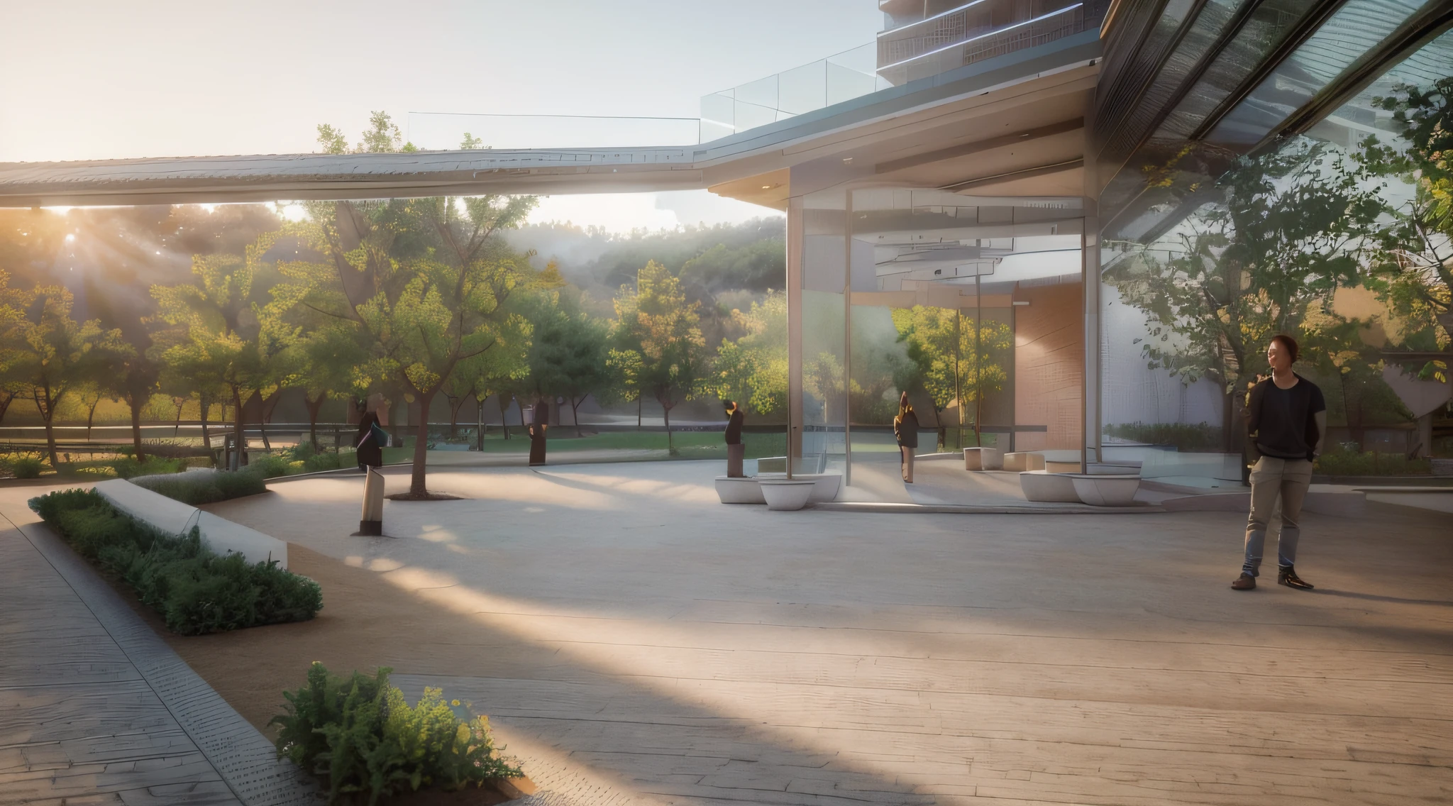 two people standing in a large space with trees, (best quality, 4k,8k,high resolution,masterpiece:1.2), super detailed, (realistic,photorealistic,photo-realistic:1.37) , vray rendering, corona, photo landscape architecture, architectural rendering, HDRI, vray rendering, corona.