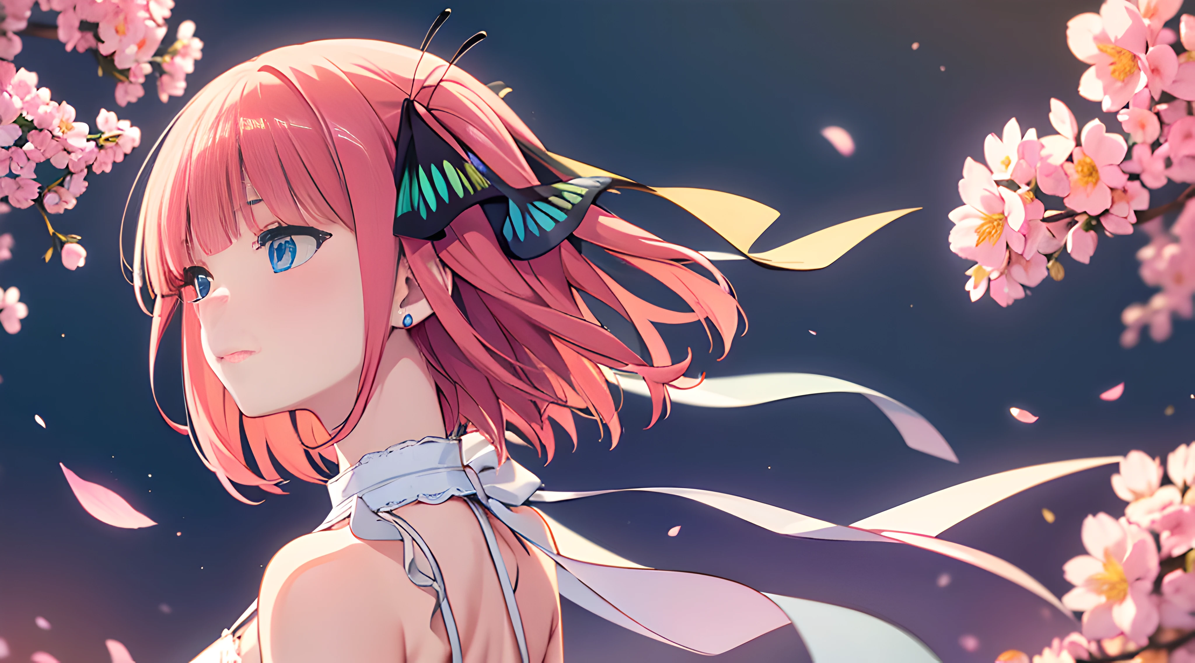 (best quality,ultra-detailed,hair accessory:1.2),short hair,blunt bangs,blue eyes,hair accessory,hair ribbon,pink hair,blunt bangs,upturned on both sides,butterfly hair accessory,soft smile,dainty earrings,flower garden background,soft lighting,romantic atmosphere.