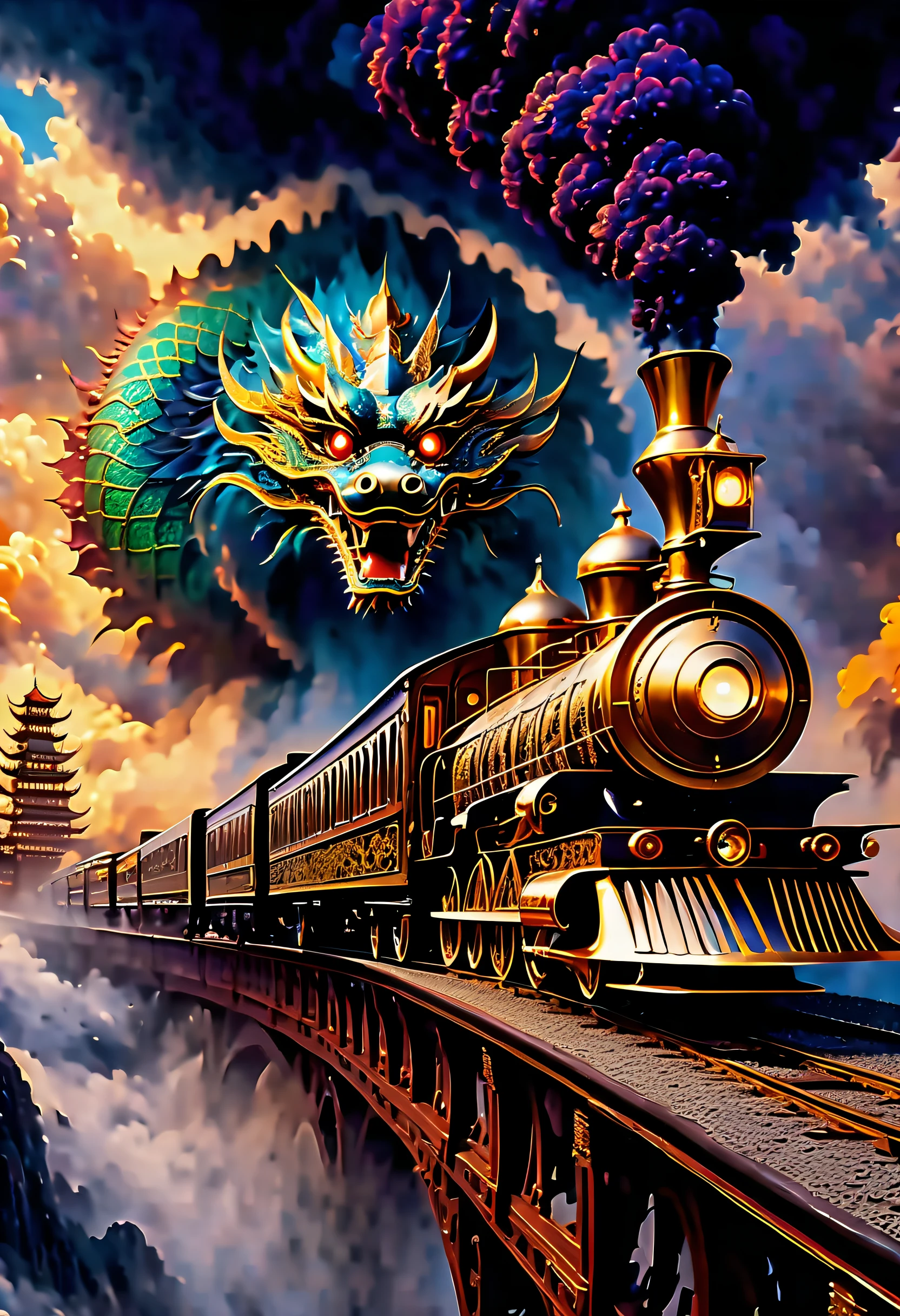 most exquisite train you've ever seen, a fusion of Chinese dragons and steampunk train, (intricate details and luxurious decorations:1.1), dark fantasy train flying through the sky, as it flies through the clouds, mesmerized by the intricate details and shimmering background, realistic rendering and delicate brushwork bring this fantastical scene to life, making it a true masterpiece, rendered with a realistic touch and delicate brushstrokes, soaring through the sky, drama to the already stunning illustration, most luxurious and detailed train in existence, intricately detailed and carefully rendered, exquisitely crisp details, incredible mystical high resolution, intricate brushstrokes and a vibrant color palette, (((radiosity rendered in stunning 32k resolution:1.4))), ((beautiful detail glow:1.1)), (((highest quality:1.3))), highly quality, nice quality,