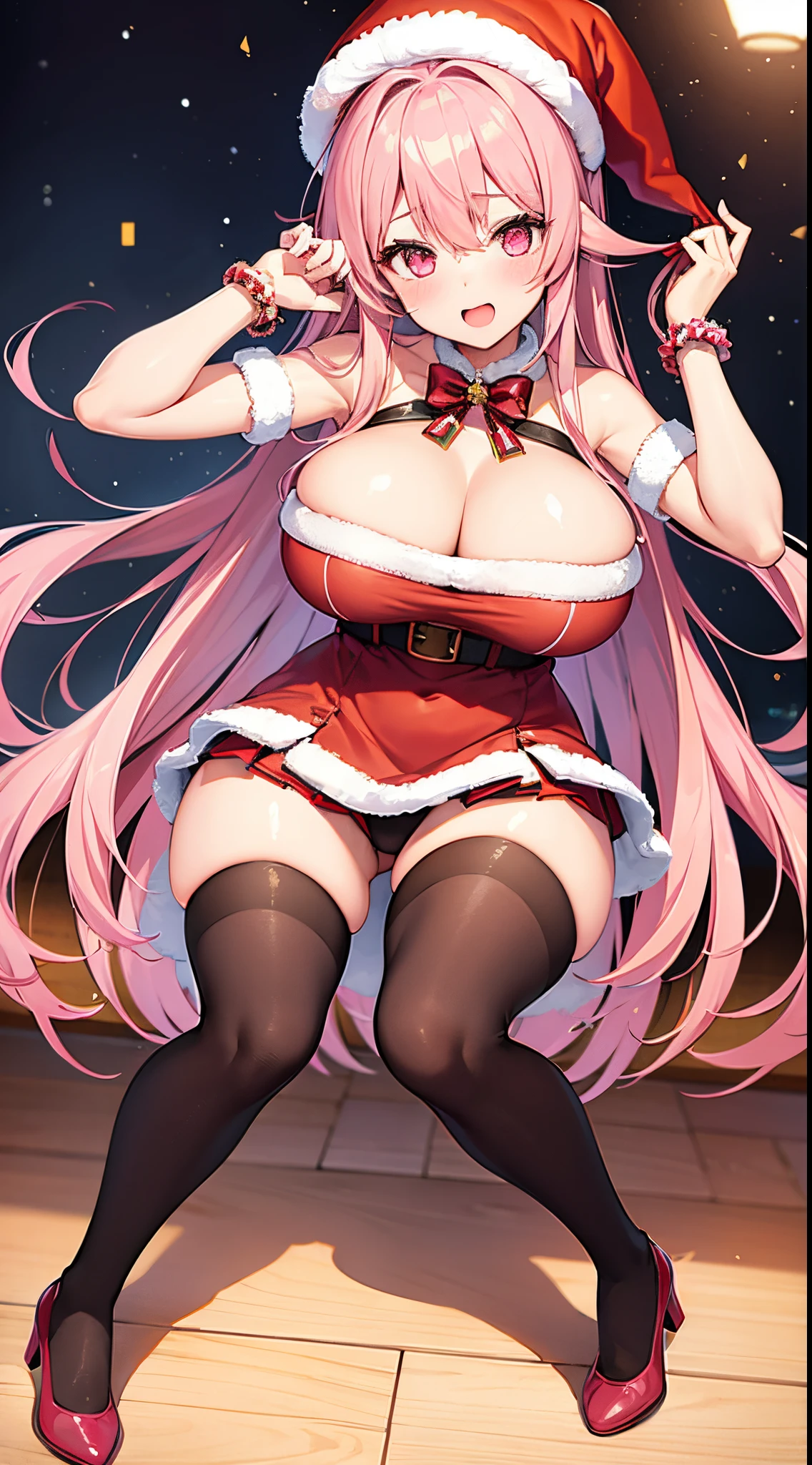 1 girl, game cg, Santa Claus clothes, short skirt, black stockings, Santa hat, gigantic breasts, pink hair, long hair, straight hair, ahoge, pink eyes, dynamic, blush,